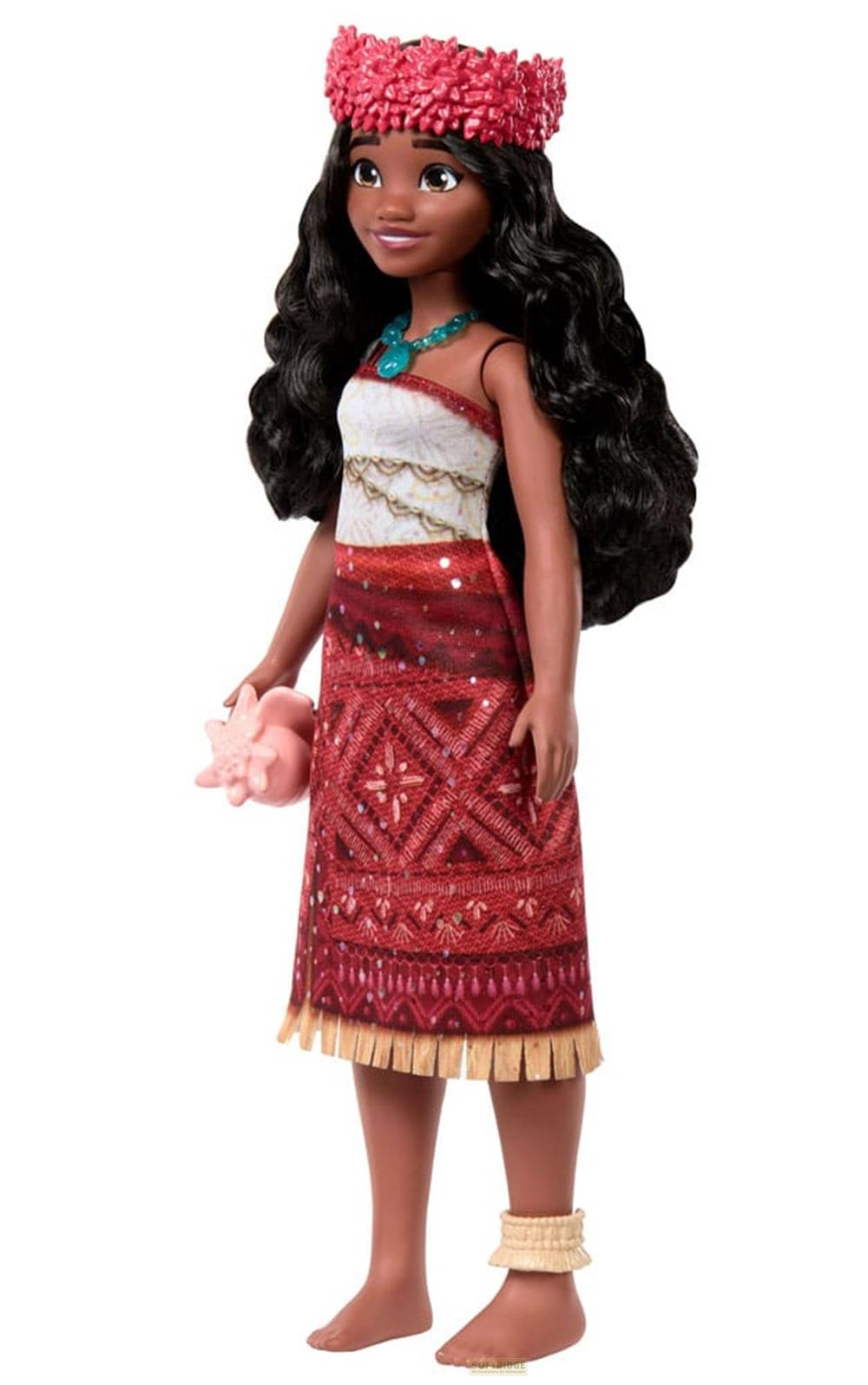Moana-Puppe mit roter Kopfbedeckung, türkisfarbener Halskette und traditionellem Kleid.
