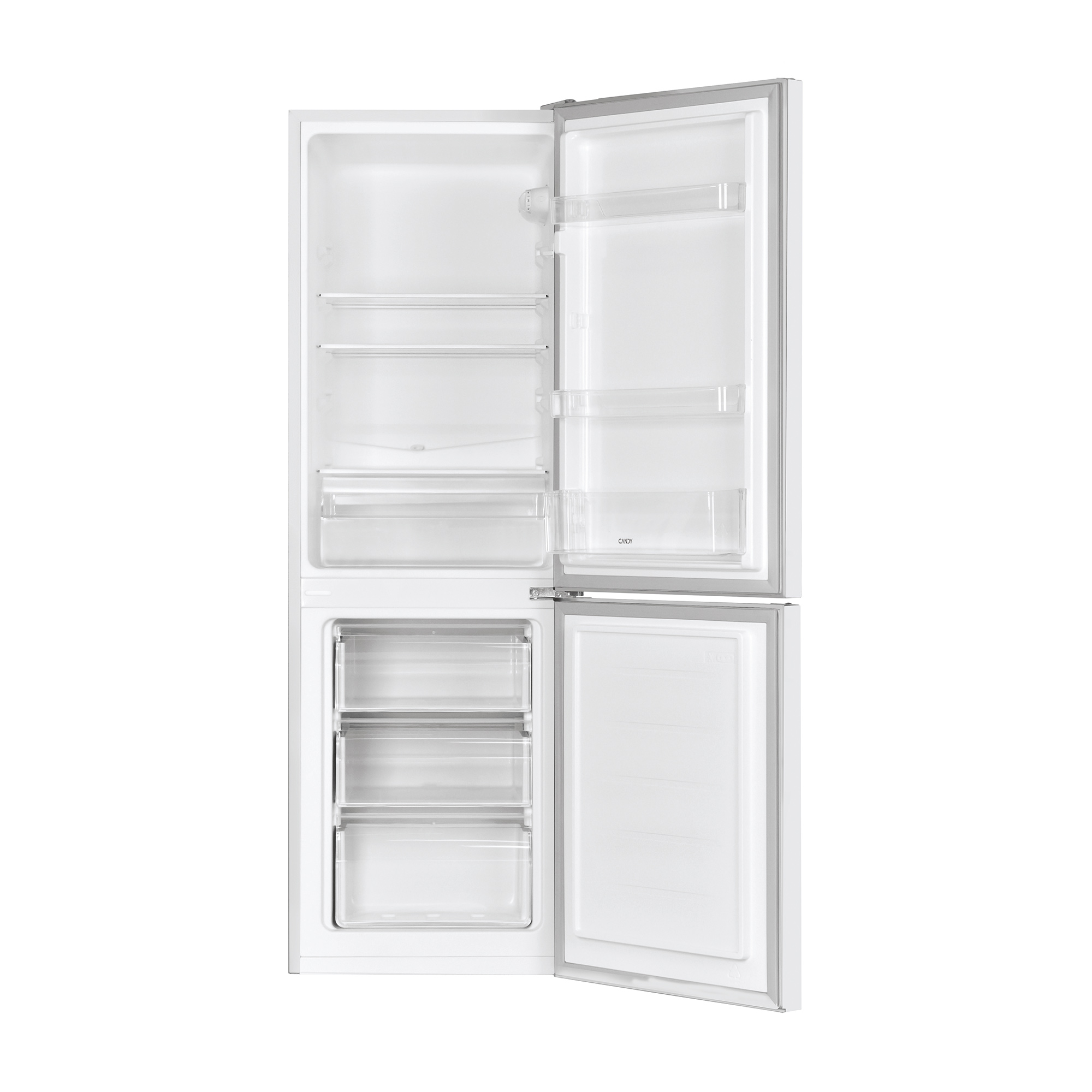 Ein leerer, weißer Kühlschrank mit offenen Türen, Glasböden und Schubladen.