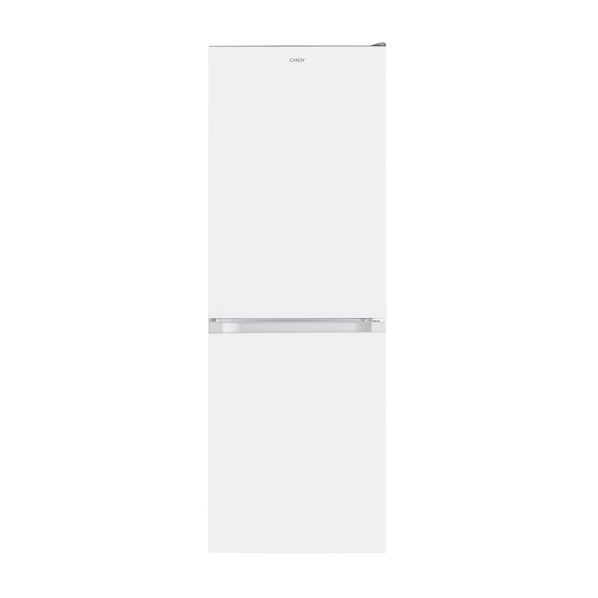 Ein schlanker weißer Kühlschrank mit silbernem Griff.