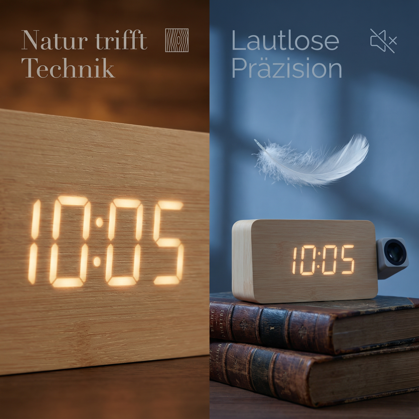 Holzwecker zeigt 10:05. Rechts ein Lautsprecher & Feder.