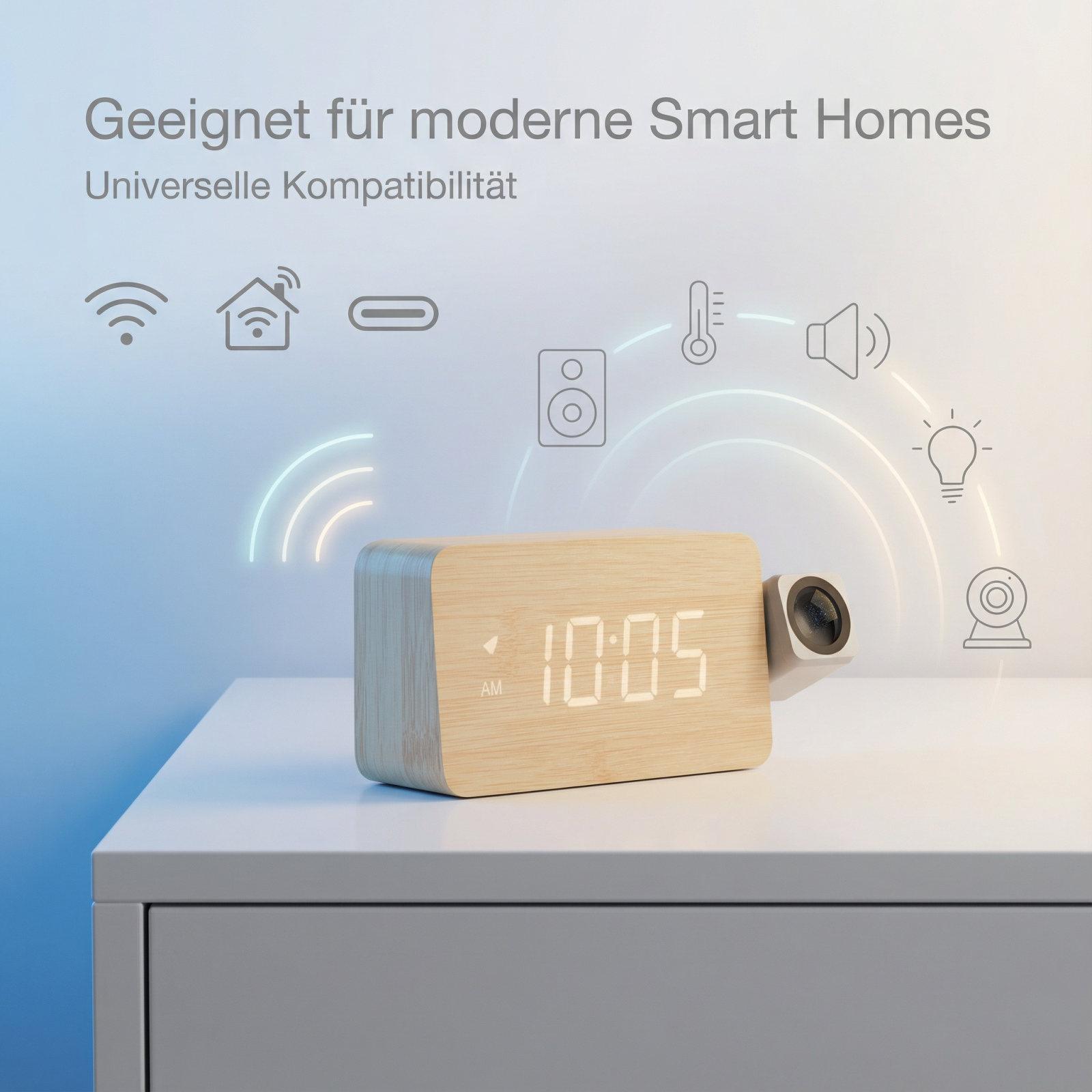 Ein Holzwecker mit Digitalanzeige auf einem weißen Nachttisch, umgeben von Smart-Home-Symbolen.