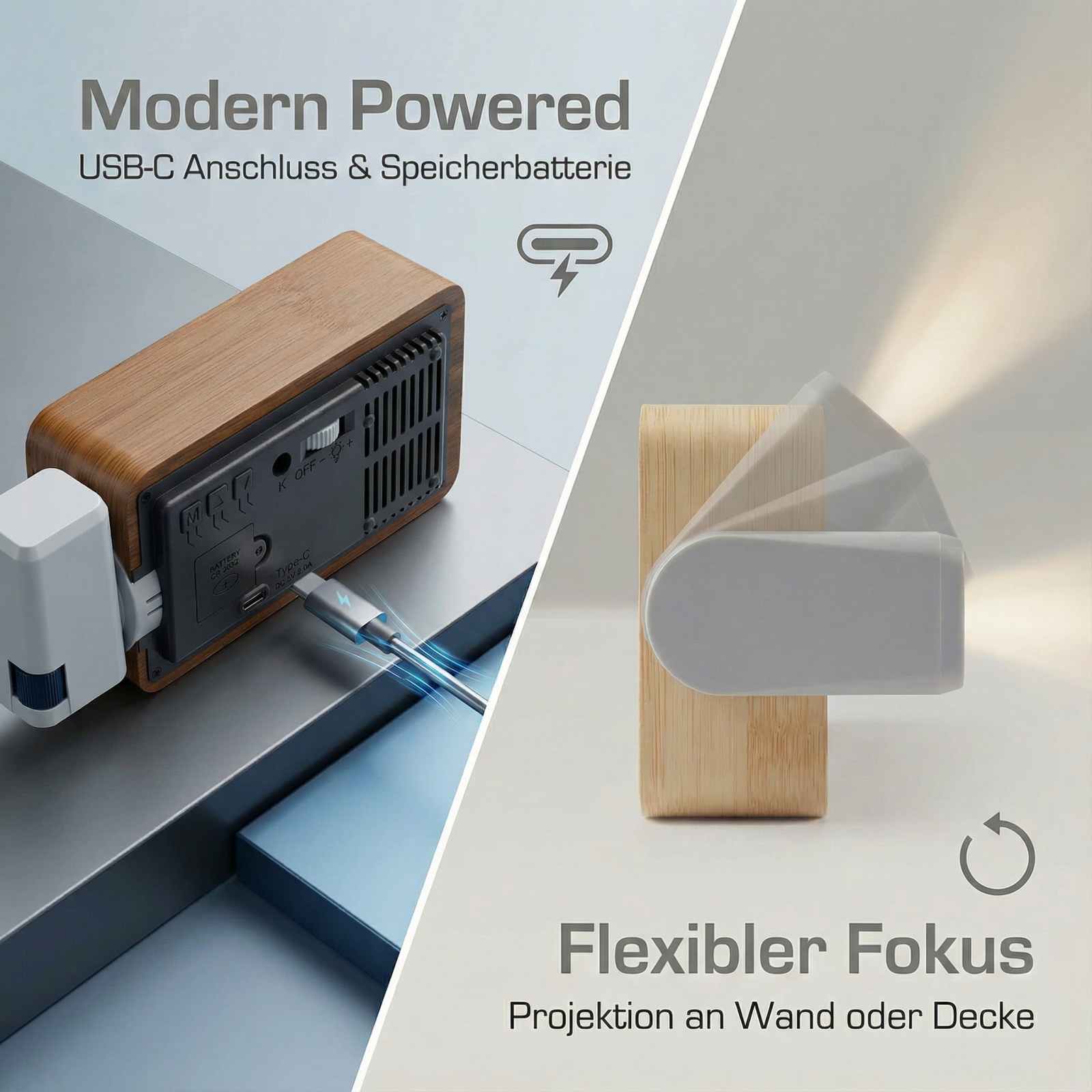 Ein Holz-Wecker wird über USB-C geladen. Ein Projektor wirft Licht.