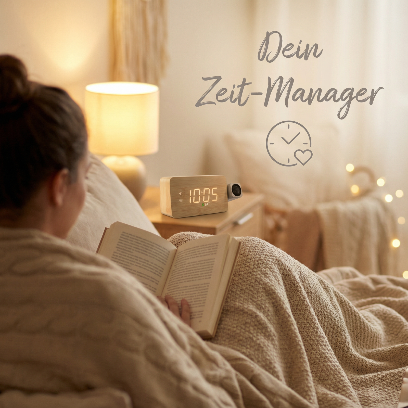 Eine Frau liest ein Buch im Bett, neben ihr ein Nachttisch mit Wecker.