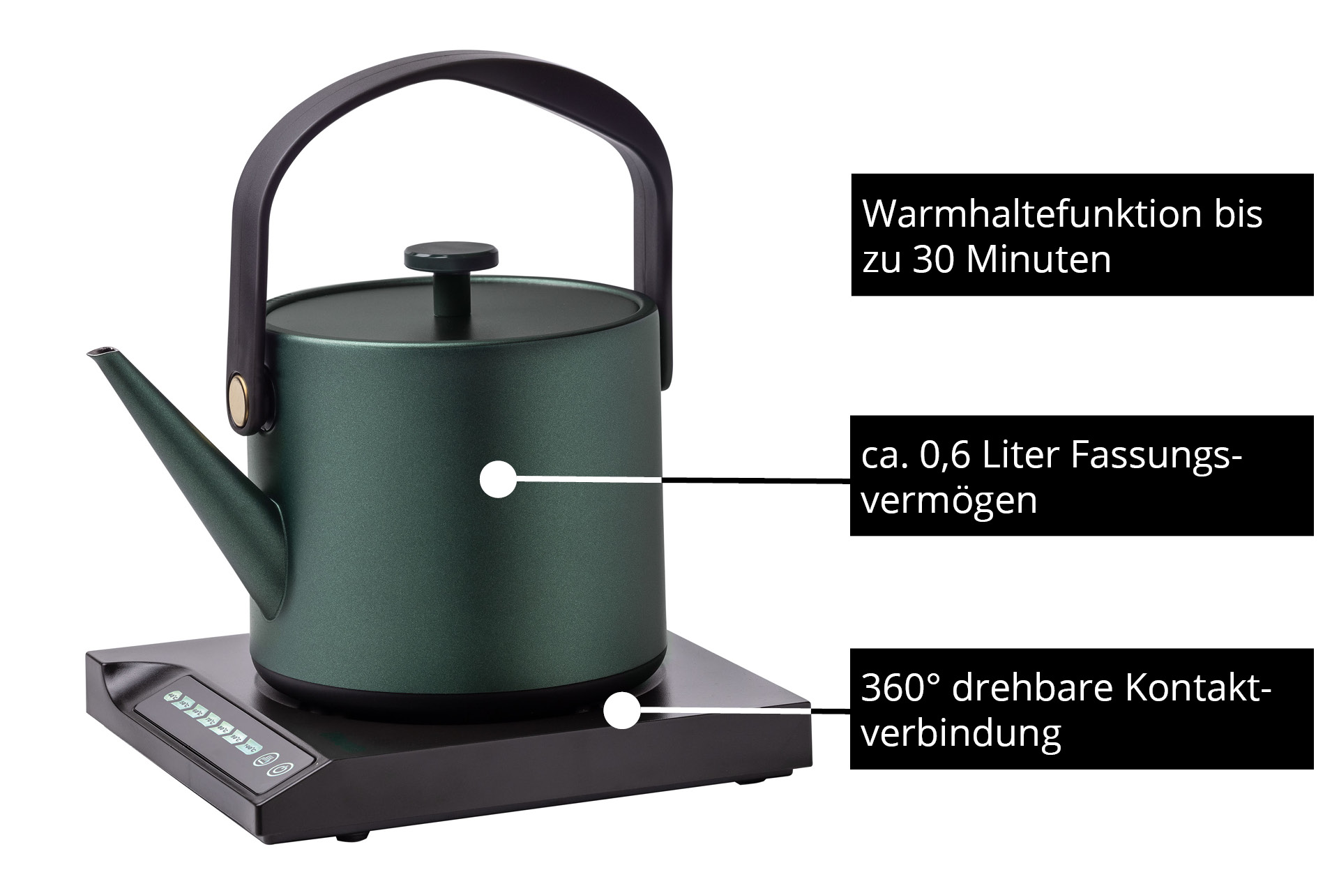 Bouilloire vert foncé de 0,6L avec fonction de maintien au chaud.