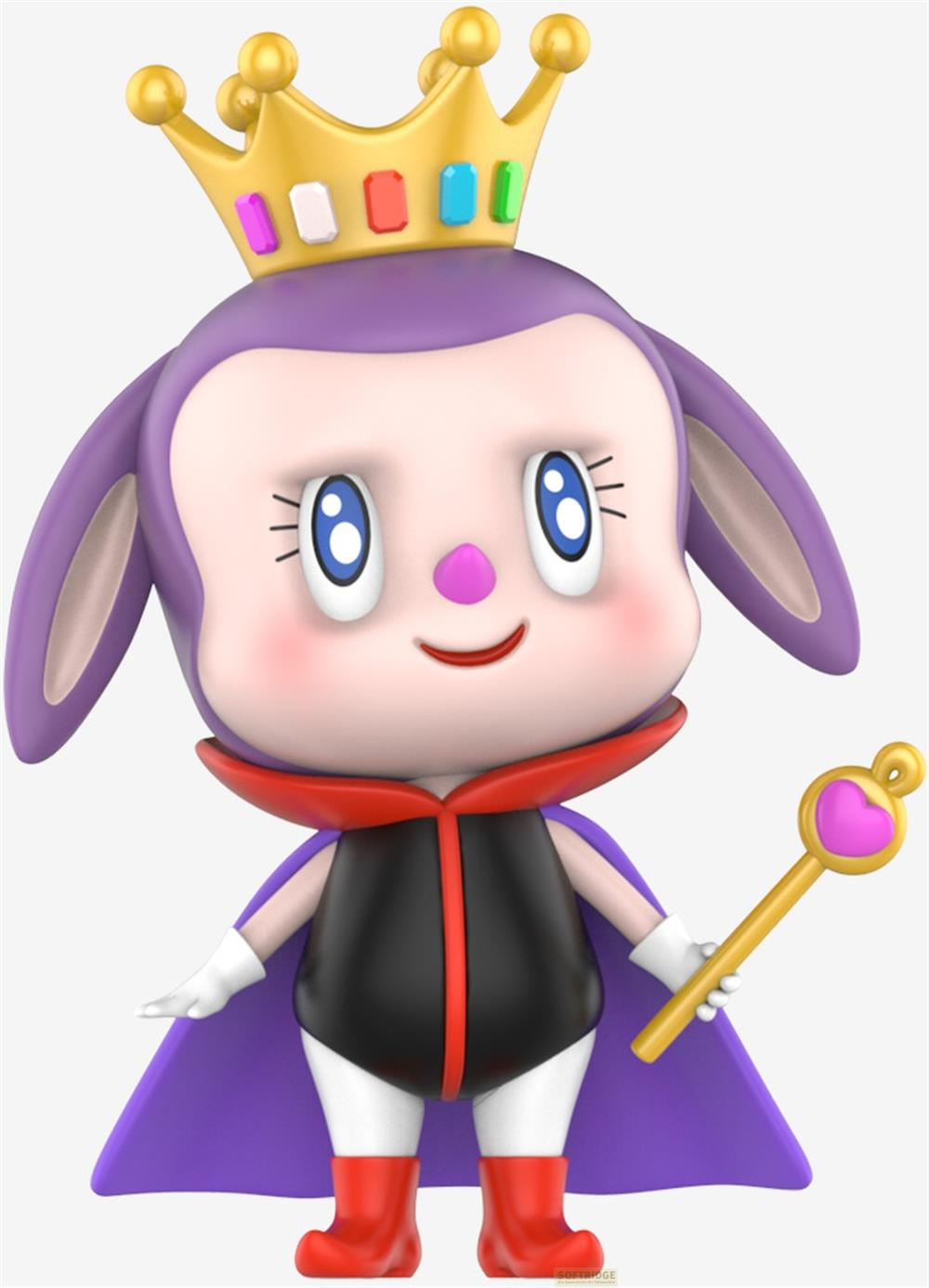 Lila Hase mit Krone, Umhang und Zauberstab hält ein Herz.