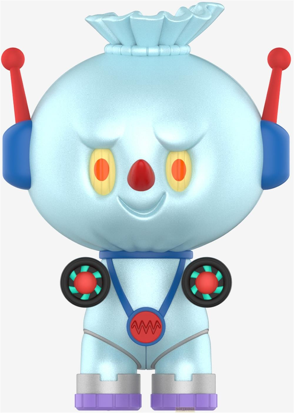 Ein hellblauer Roboter mit einem Sackkopf, roten Antennen und gelben Augen.