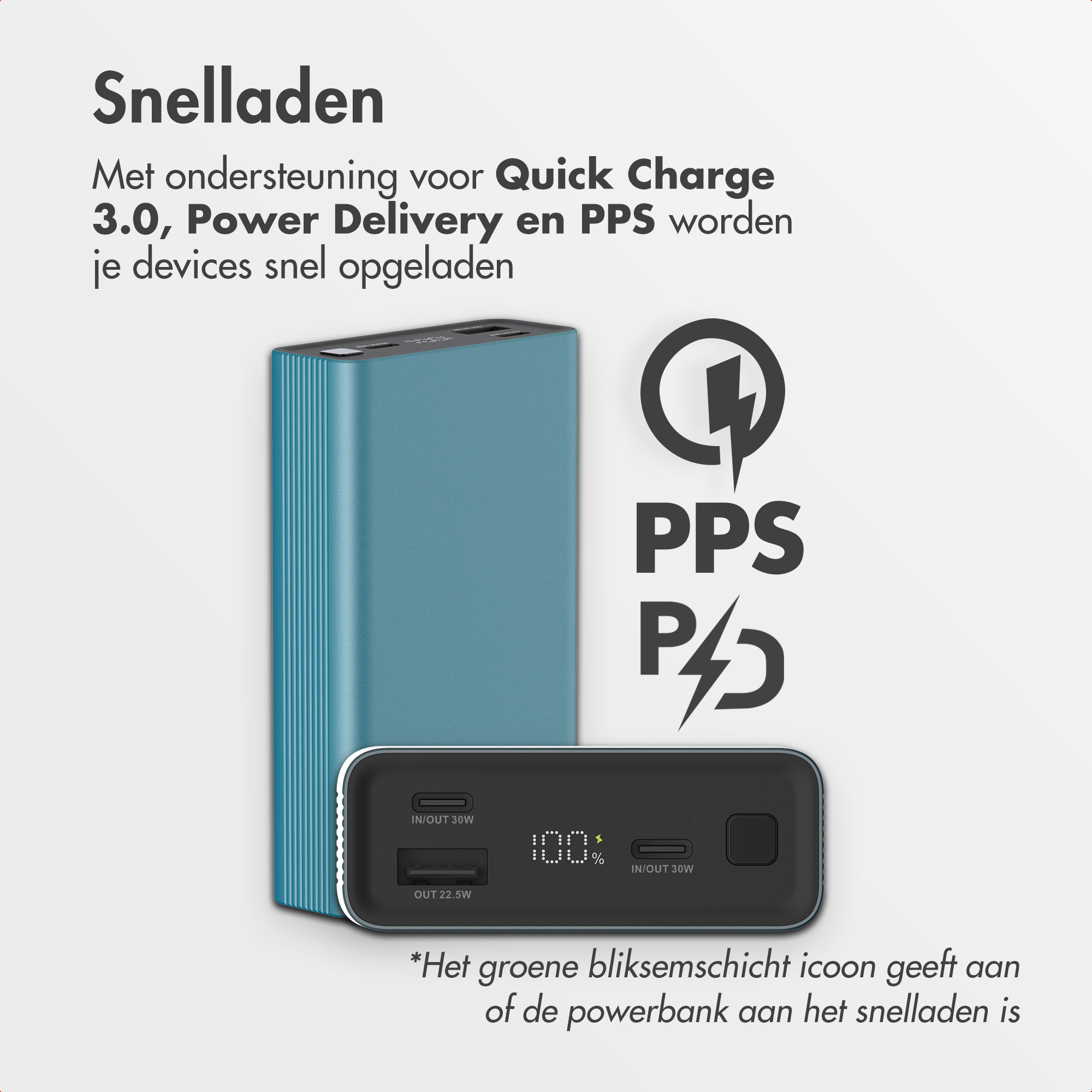 Une banque d'alimentation bleue avec ports USB-C et USB-A. Affiche 100% de charge.