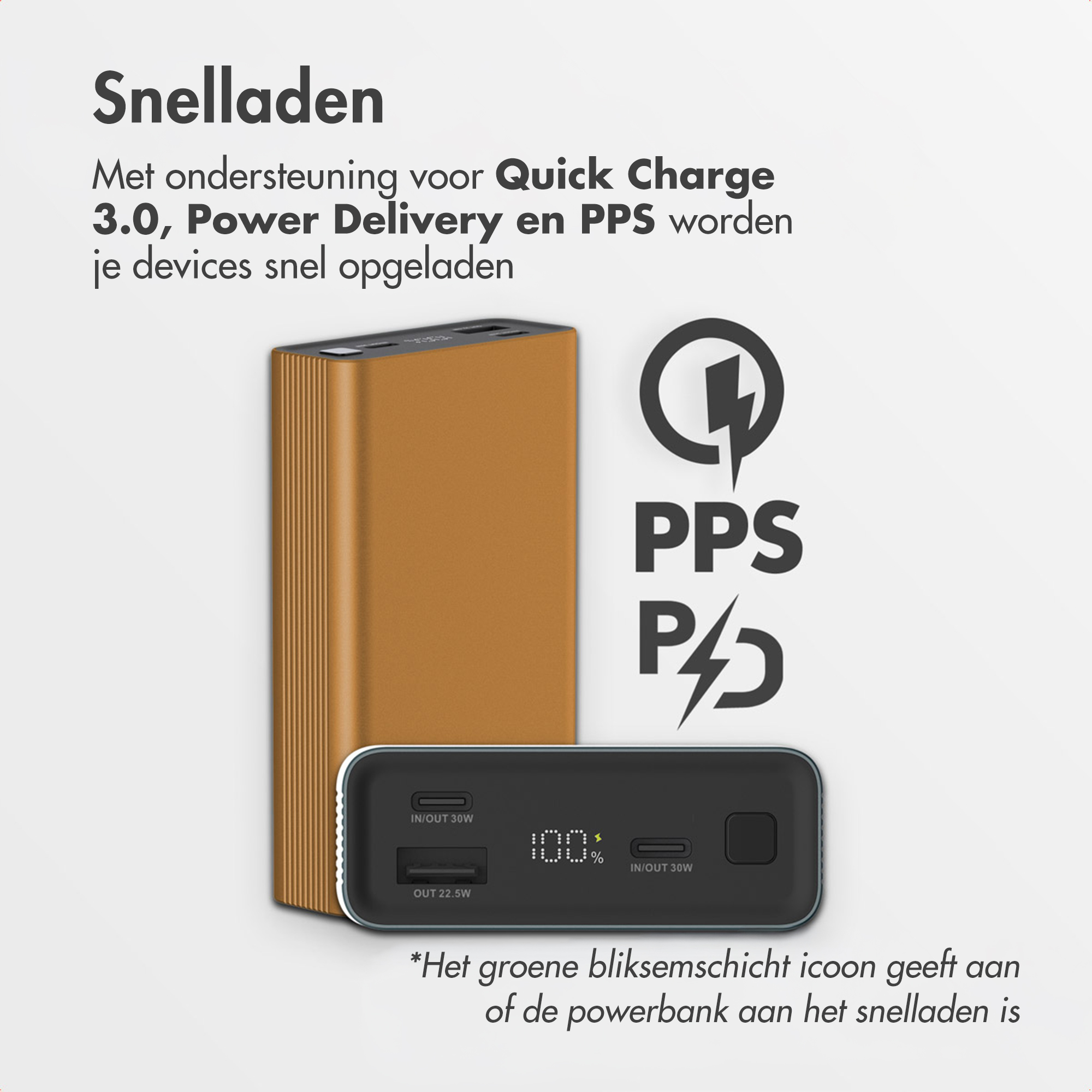 Batterie externe orange avec écran et icônes de charge rapide.