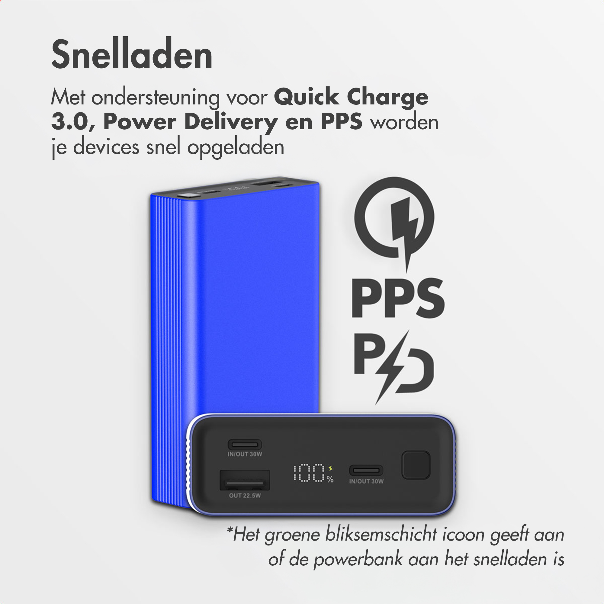 Batterie externe bleue avec écran de charge et icônes de charge rapide.