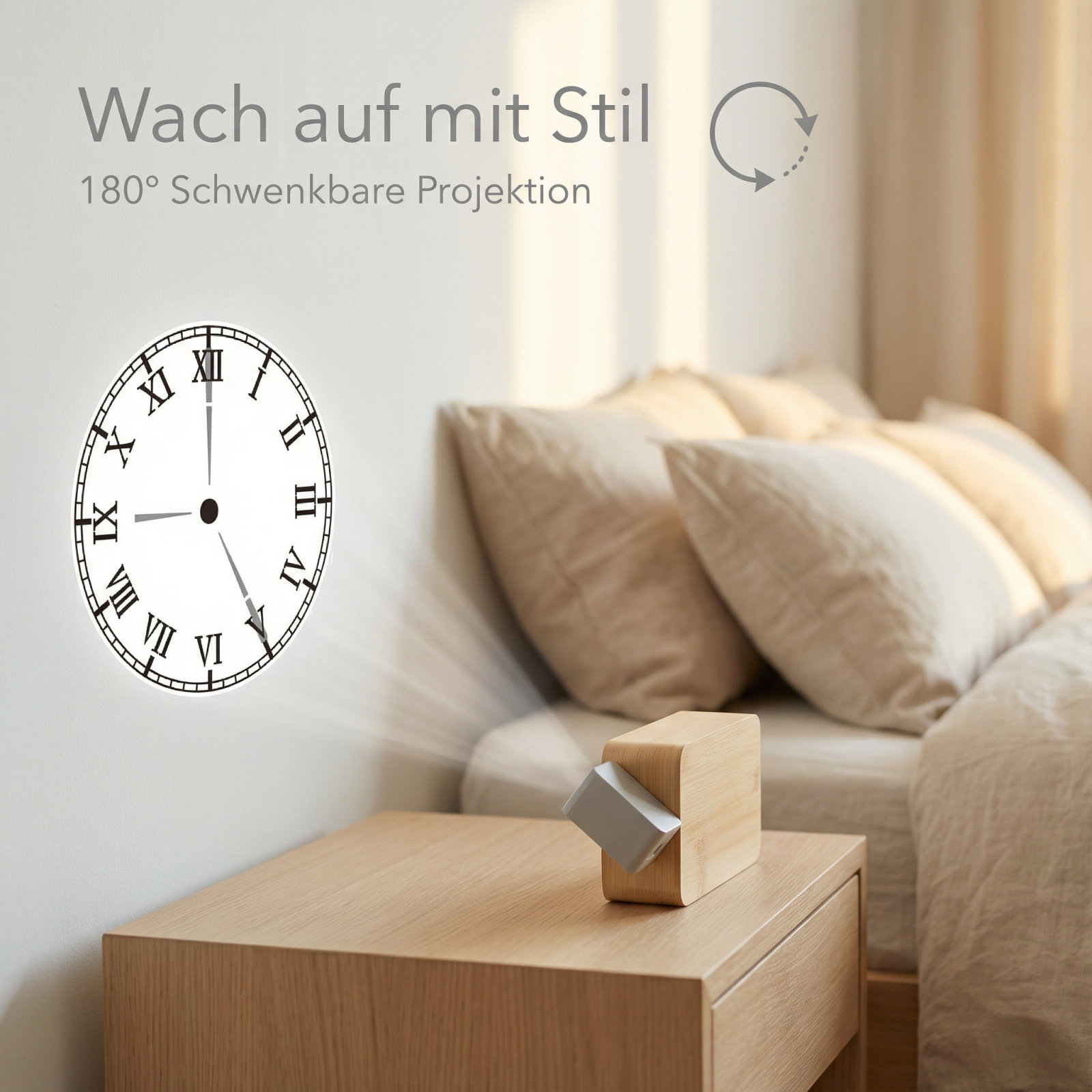 Ein Projektor wirft eine Wanduhr auf eine Wand neben einem Bett. Wach auf mit Stil.