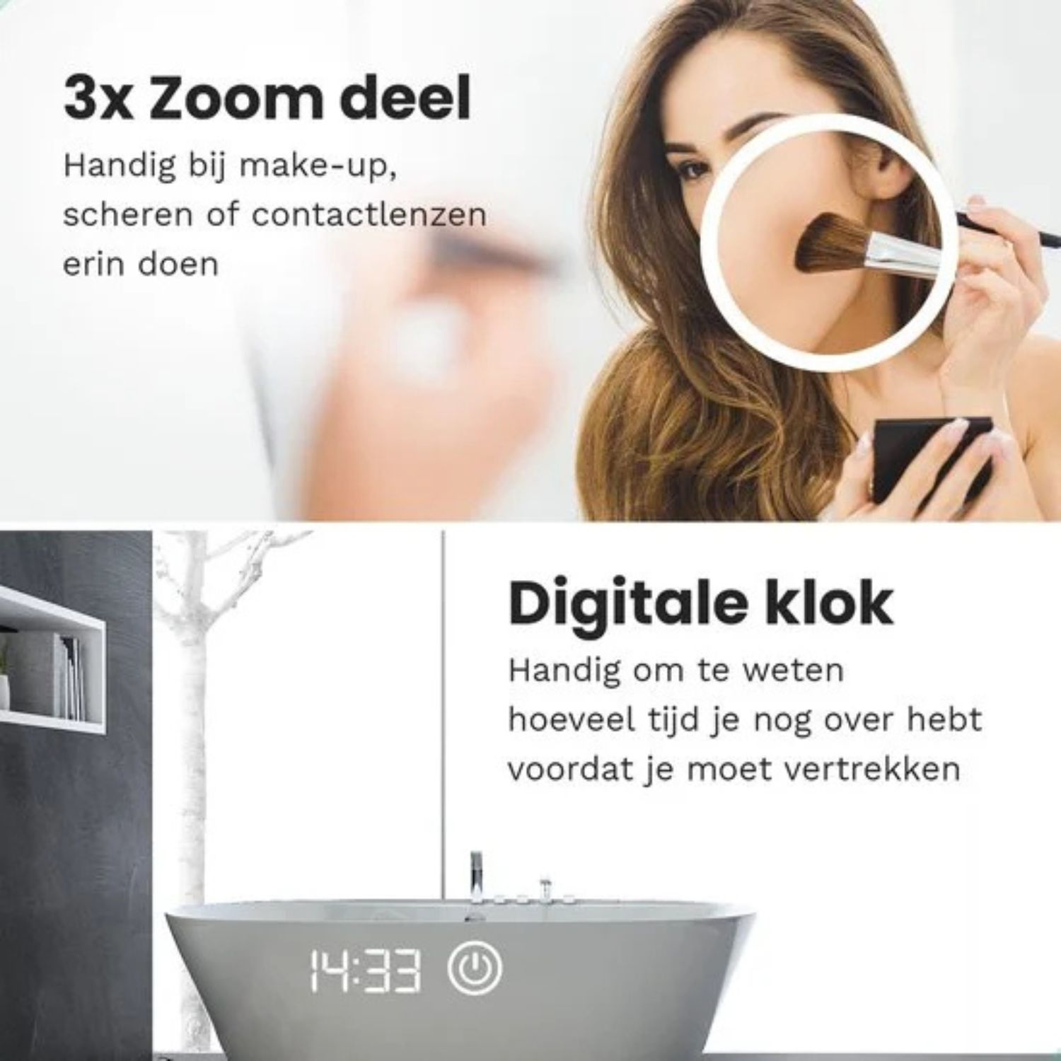 A woman applying makeup and a bathtub with a digital clock.