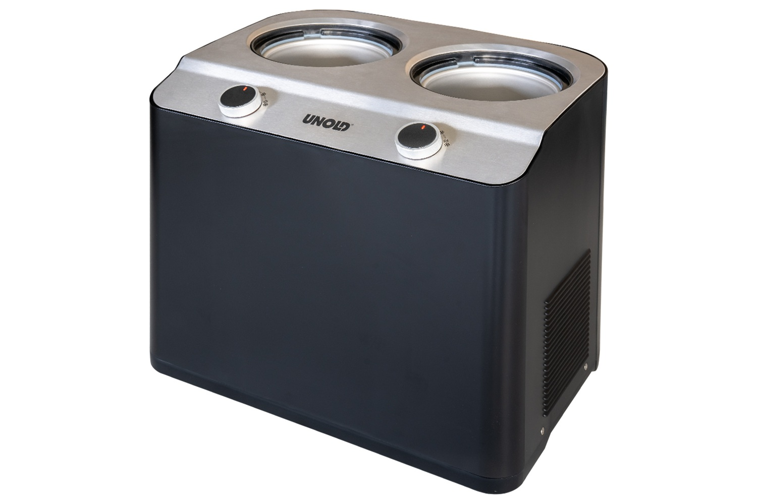 Czarna maszynka do lodów z dwoma misami i srebrną górą z pokrętłami.