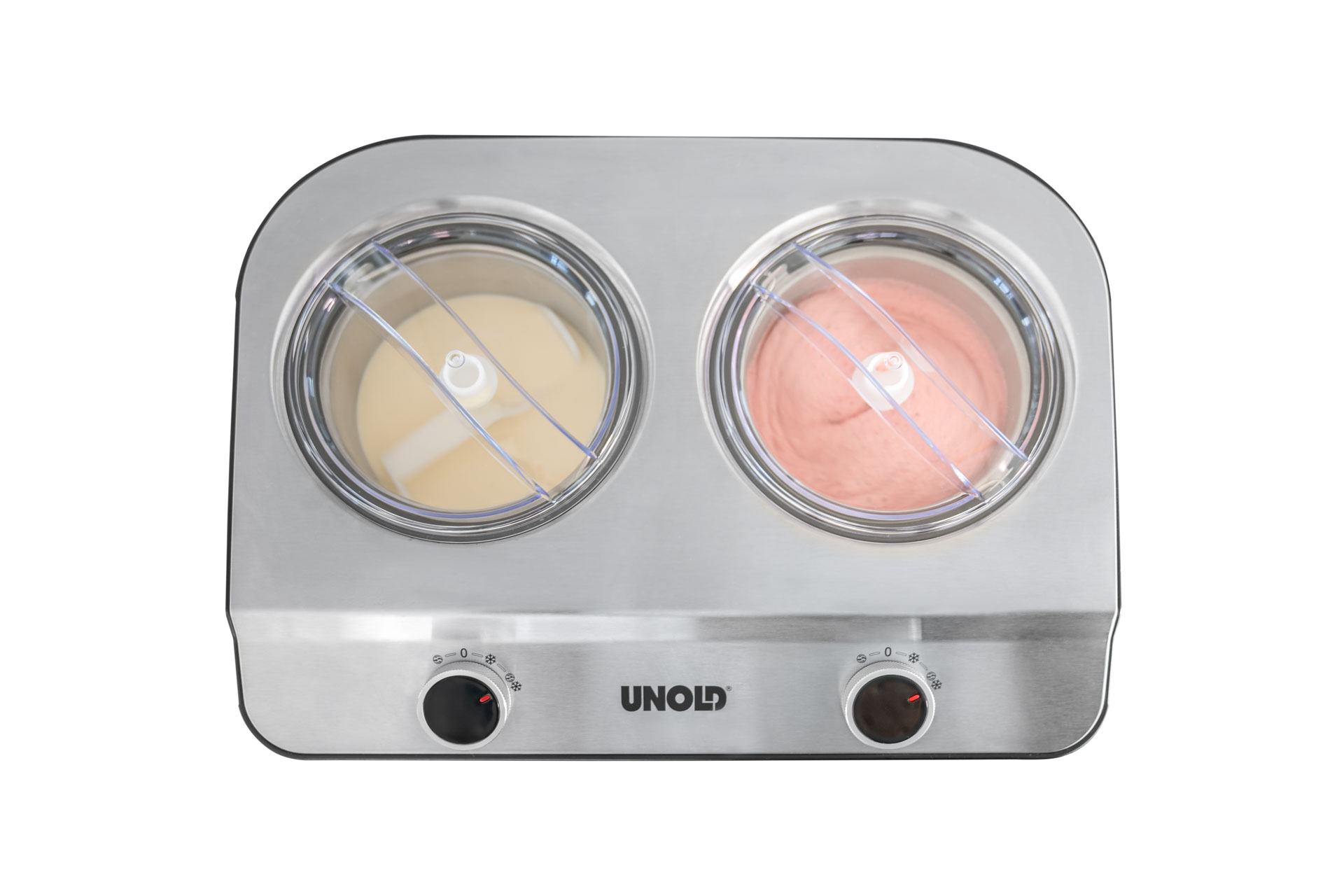 Stalowa maszynka do lodów z dwoma pojemnikami, wypełniona jasnymi i różowymi lodami.