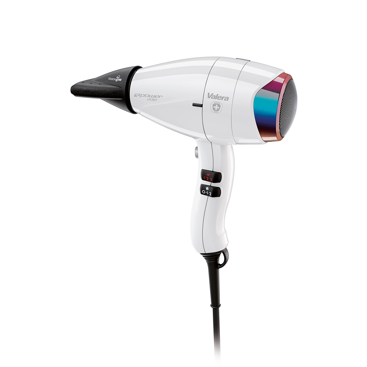 Biała suszarka Valera z czarną dyszą i kolorowymi otworami wentylacyjnymi.
