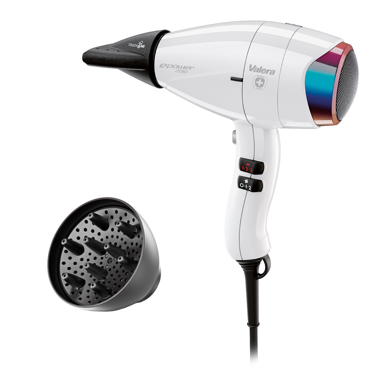 Biała suszarka do włosów Valera E-Power z nasadką dyfuzora. Widoczne przyciski.