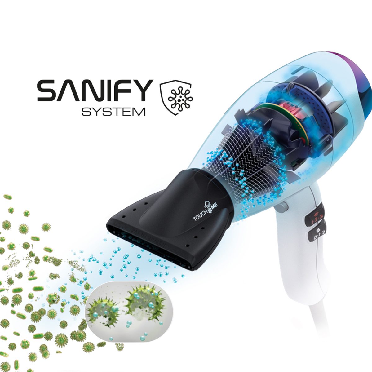 Suszarka do włosów z logo SANIFY SYSTEM, zasysająca bakterie.