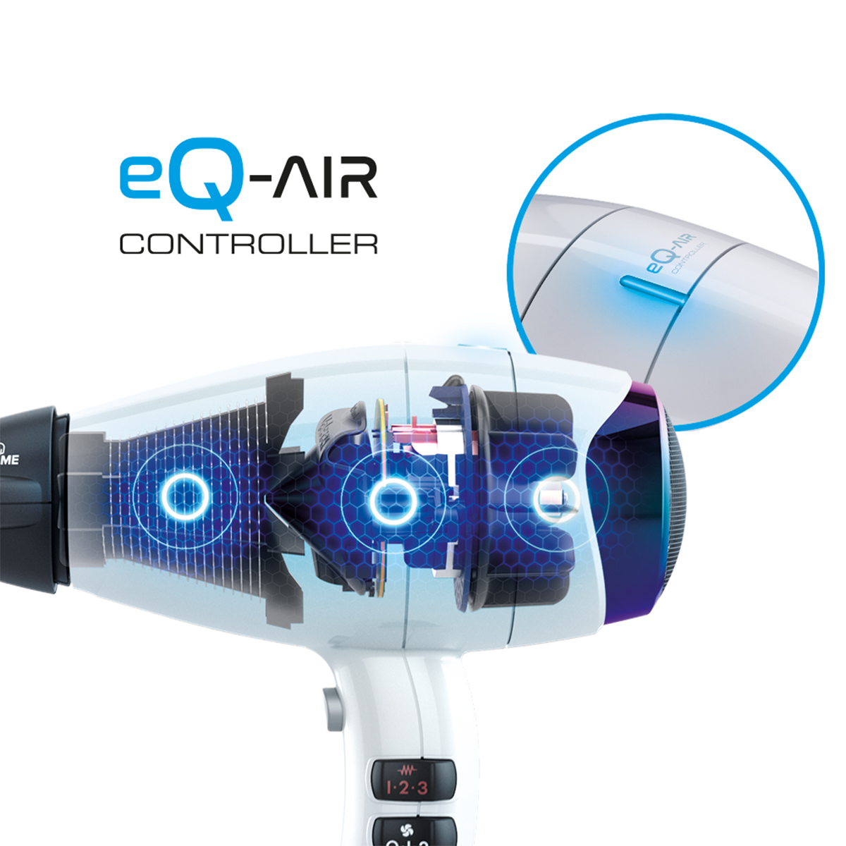 Przezroczysta suszarka do włosów pokazuje swoją wewnętrzną mechanikę z niebieskimi okręgami.