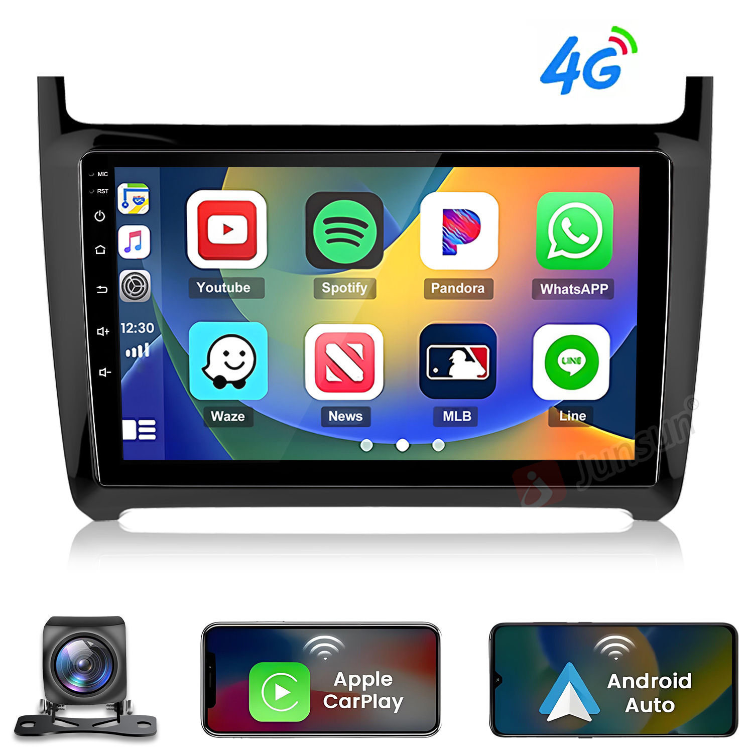 Display autoradio con app, icona 4G, fotocamera, iPhone e telefono Android.