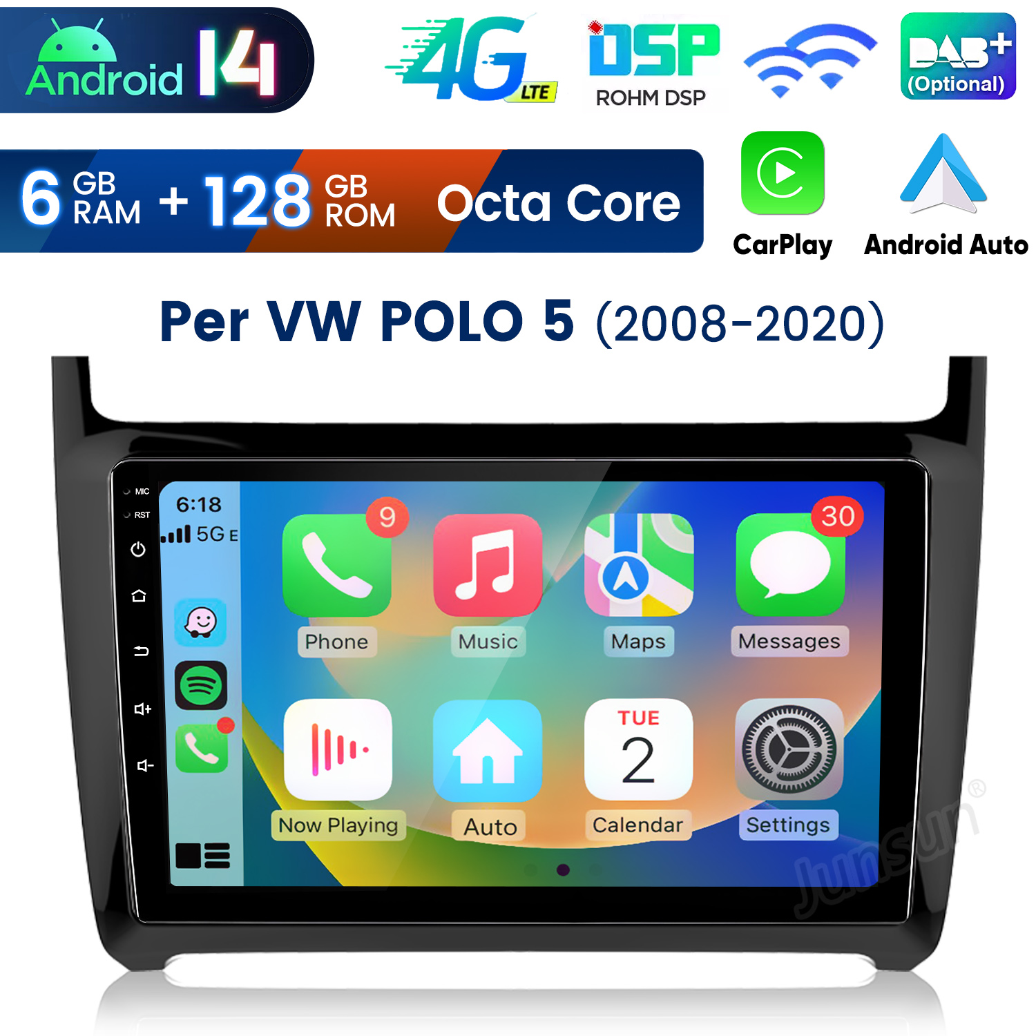 Autoradio Carplay con Android 14 OS, 6 GB di RAM, 128 GB di ROM per VW Polo 5.