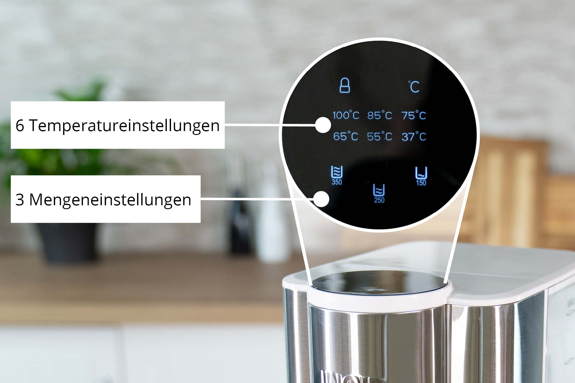 Gerät mit 6 Temperatureinstellungen und 3 Mengeneinstellungen auf dem Display.