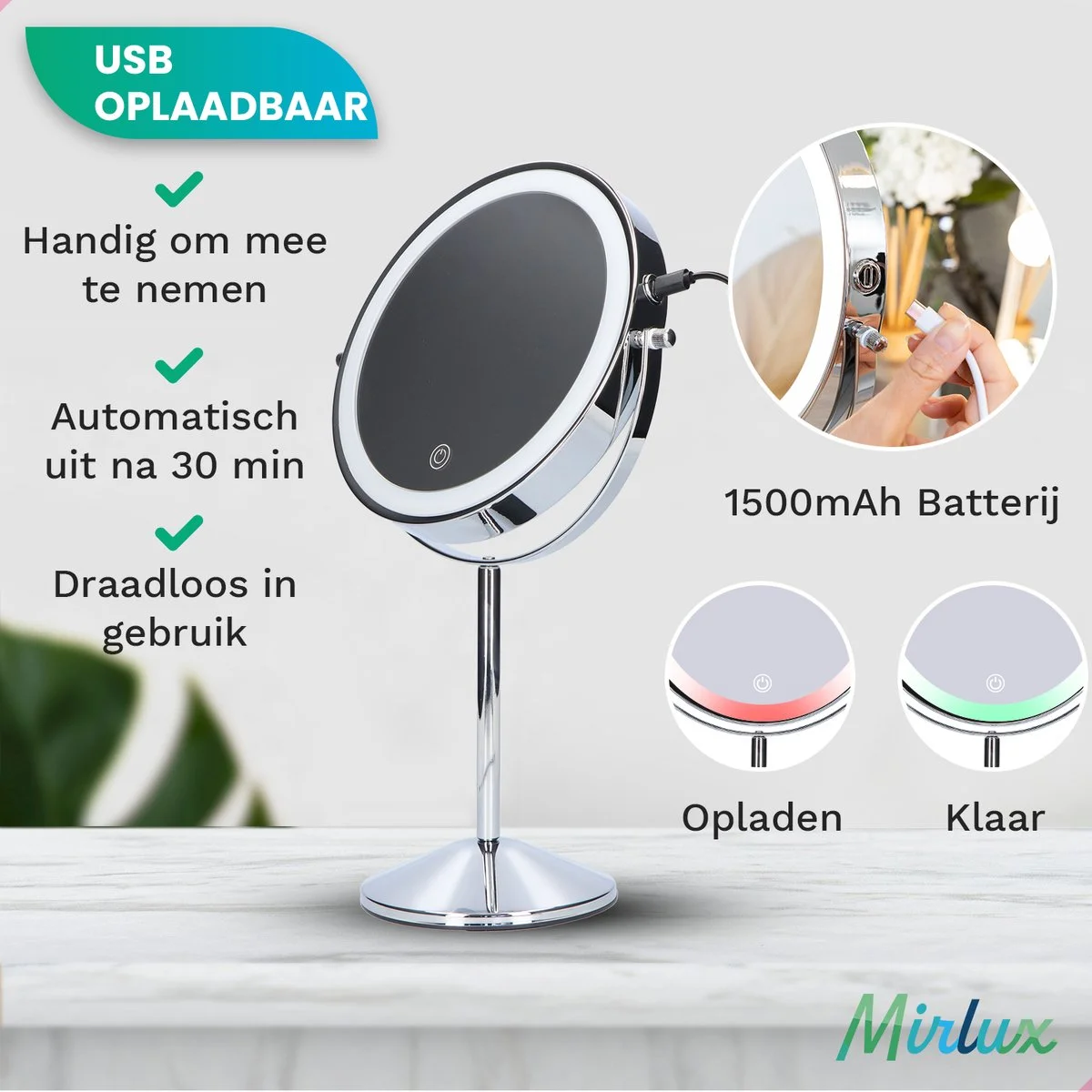 Een verlichte make-upspiegel met USB-oplaadfunctie, 1500mAh batterij.