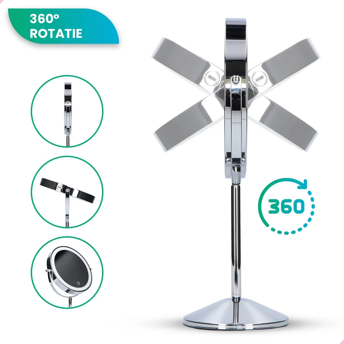 Een zilveren make-upspiegel met LED-verlichting, die 360 graden rotatie toont.