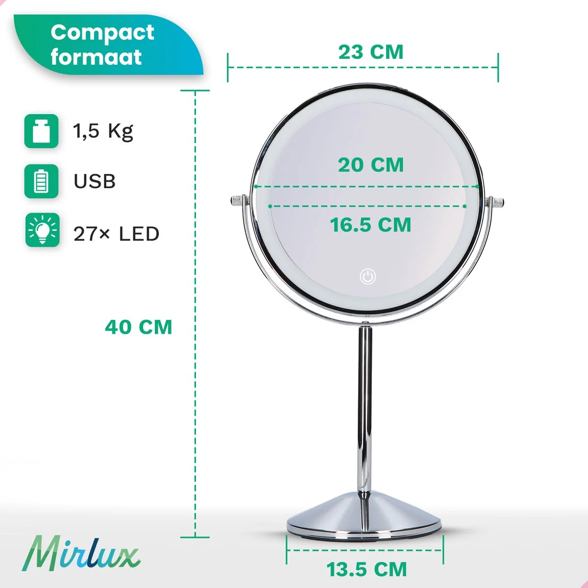 Ronde LED make-upspiegel, 40cm hoog, 23cm breed. 1.5kg, USB aangedreven.