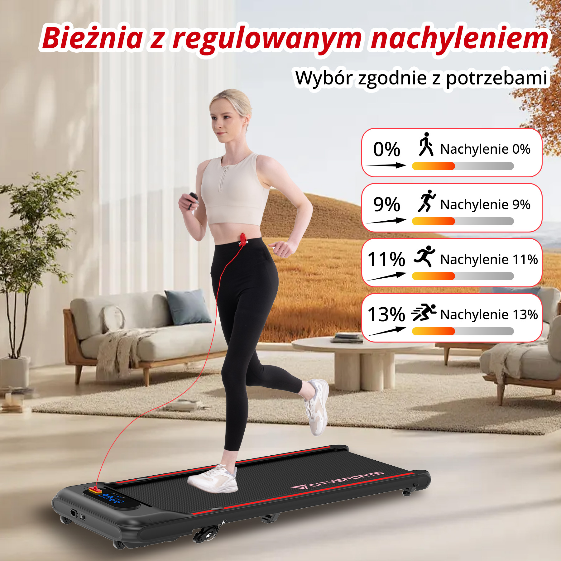 Kobieta biegnie na bieżni w salonie. Wyświetlone są opcje nachylenia.