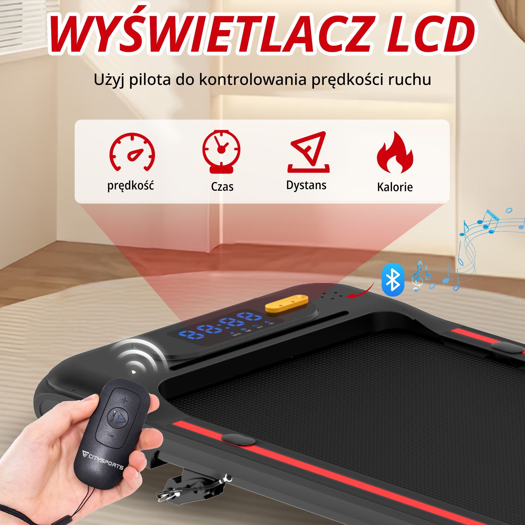 Bieżnia z pilotem i wyświetlaczem LCD pokazującym prędkość, czas, dystans i kalorie.