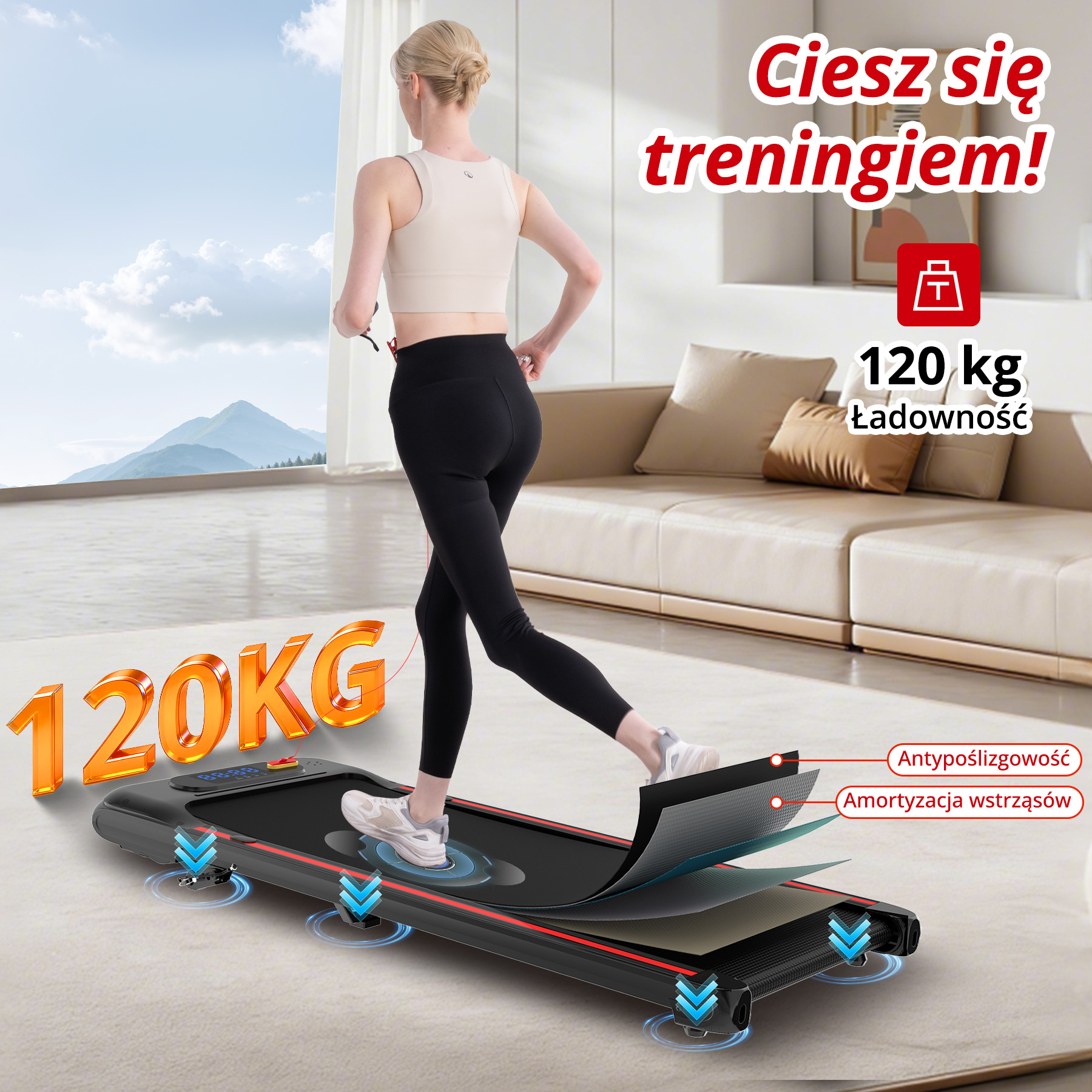 Kobieta biegnie na bieżni 120kg, z widokiem górskim przez okno.