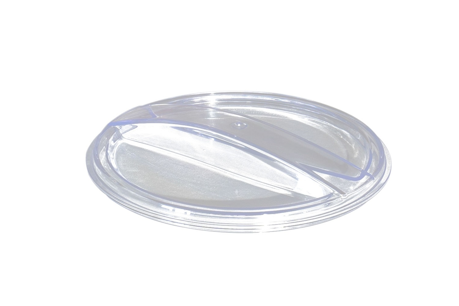 Przezroczysta, owalna plastikowa pokrywa z dwoma przegrodami.