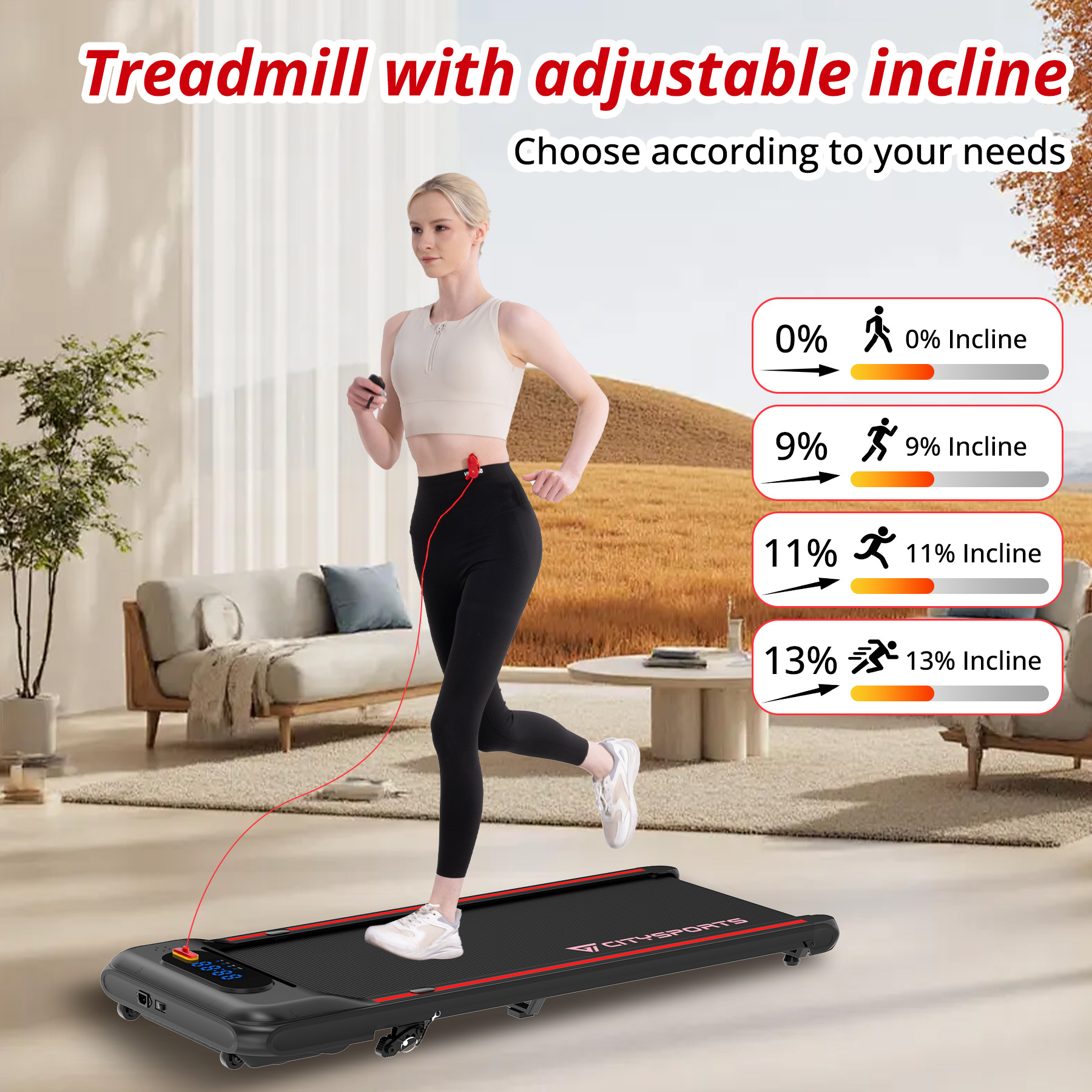 Woman running on treadmill with adjustable incline from 0% to 13%.