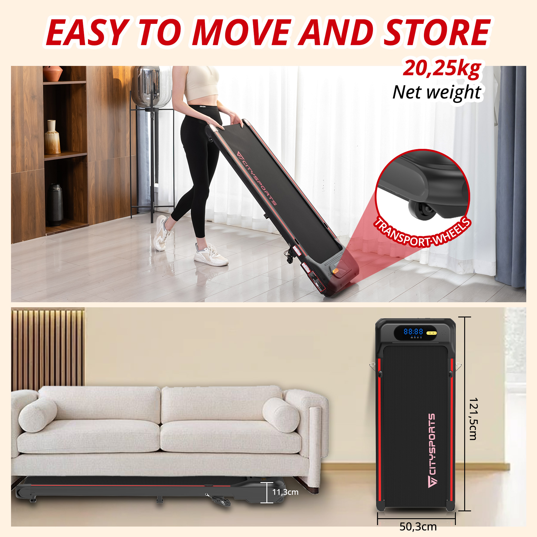 A woman in black holds a treadmill. Bottom: Treadmill next to a sofa.
