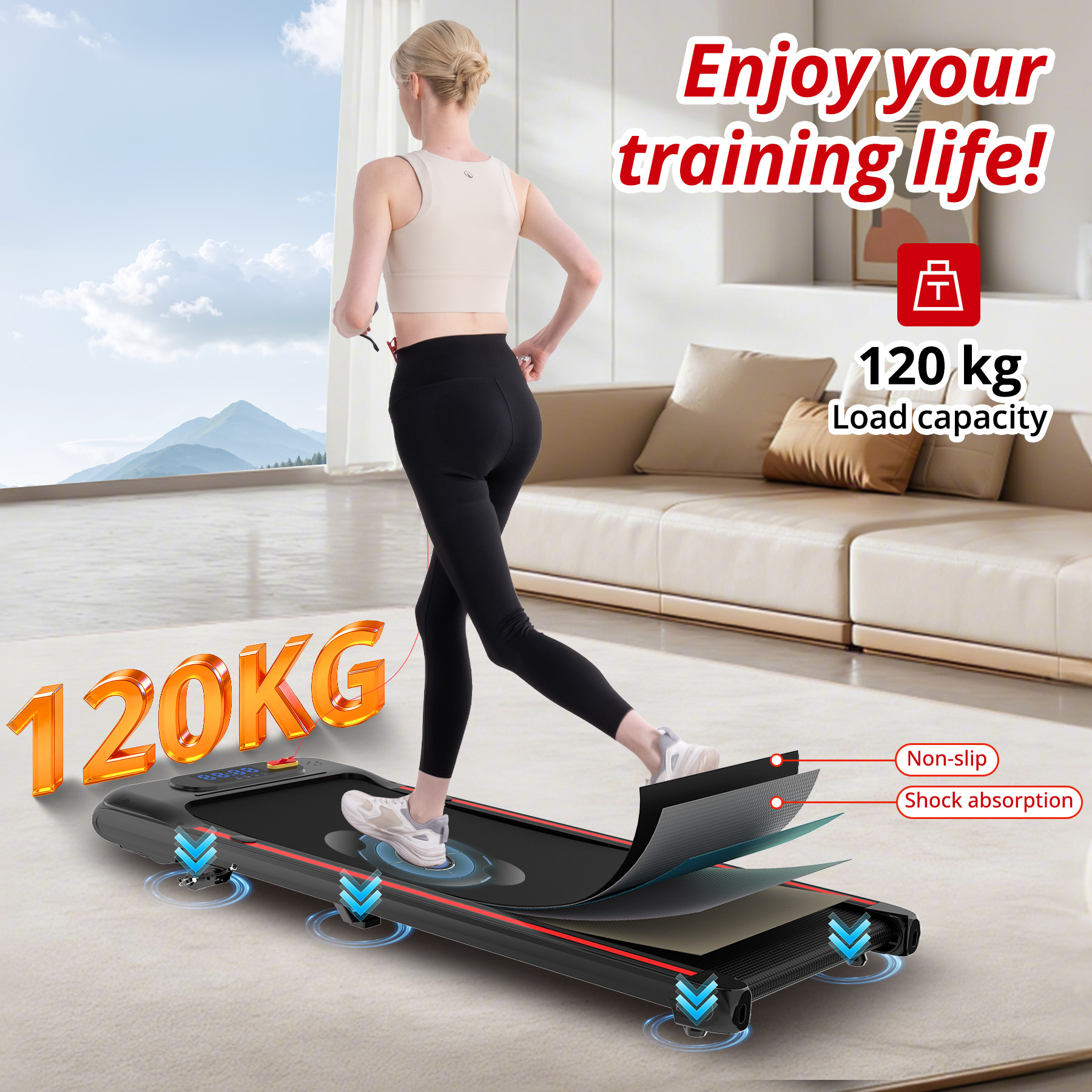 Woman running on treadmill with 120kg load capacity, non-slip, and shock absorption.