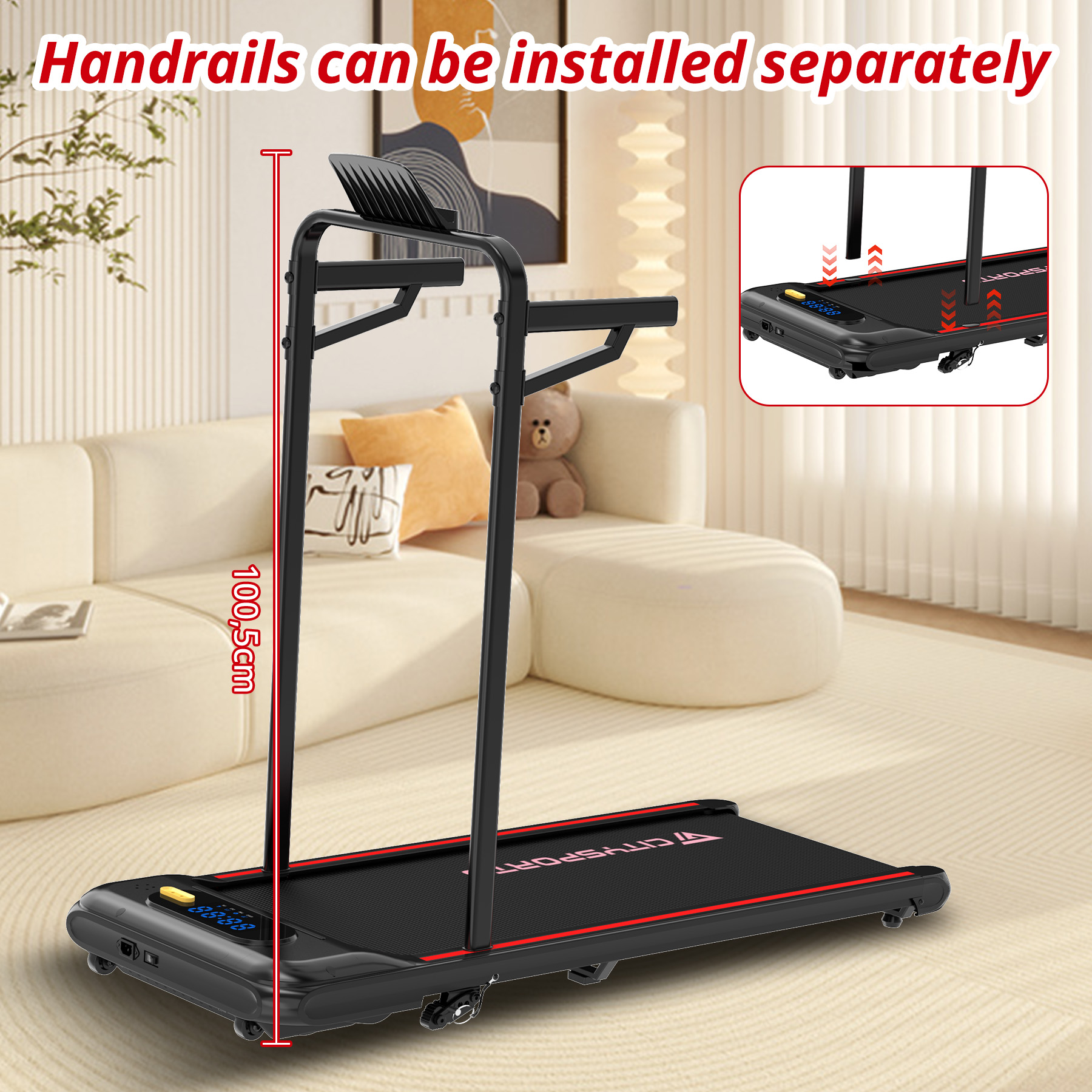 Black treadmill with red trim, screen, and teddy bear in background. 100.5cm height.