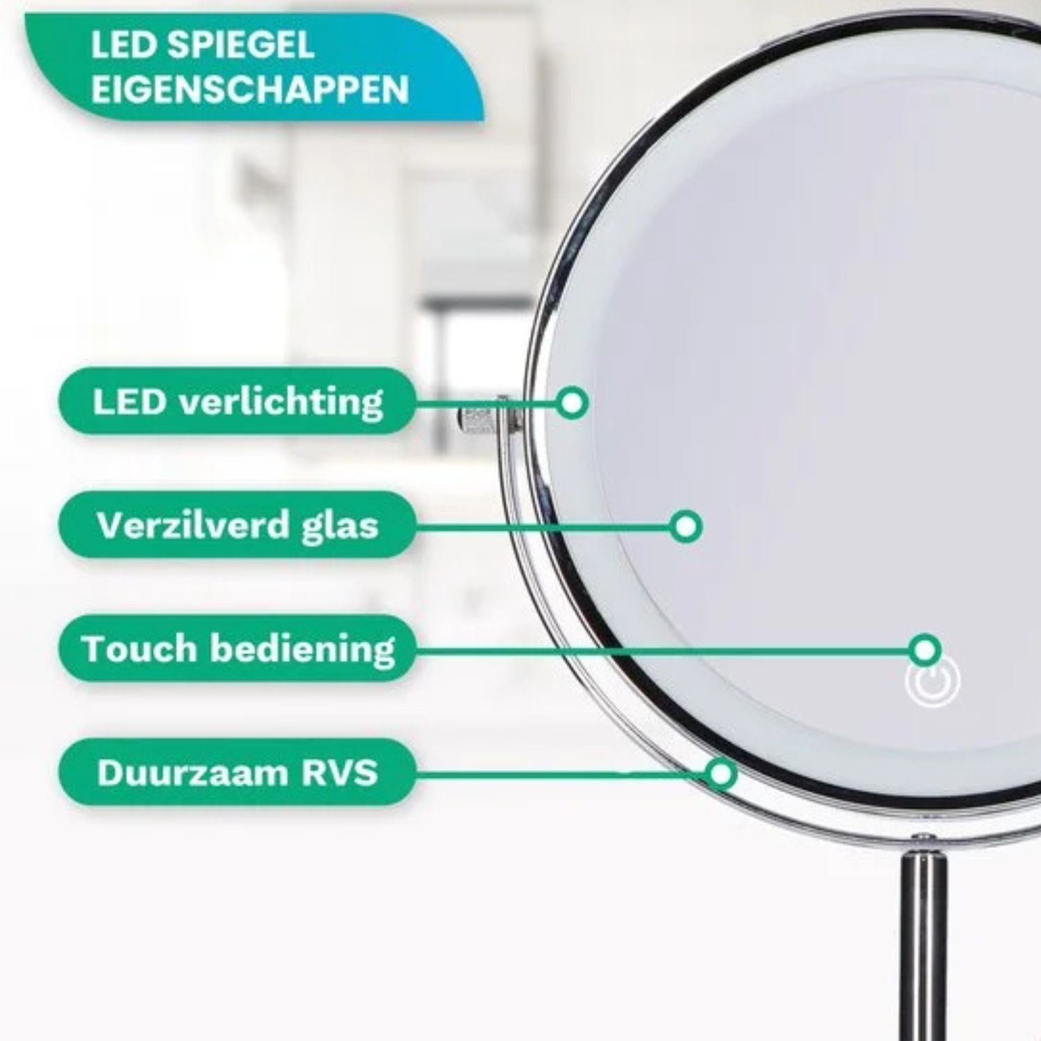 Ronde LED spiegel met touch bediening, zilveren frame en verlichting.