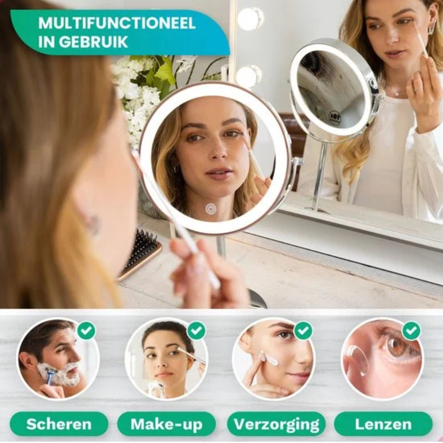 Een vrouw gebruikt een verlichte make-upspiegel. Vier cirkels tonen scheren, make-up, huidverzorging en lenzen.