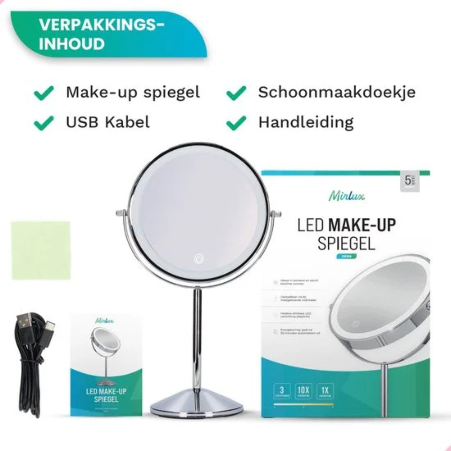Een LED make-up spiegel met accessoires op witte achtergrond.