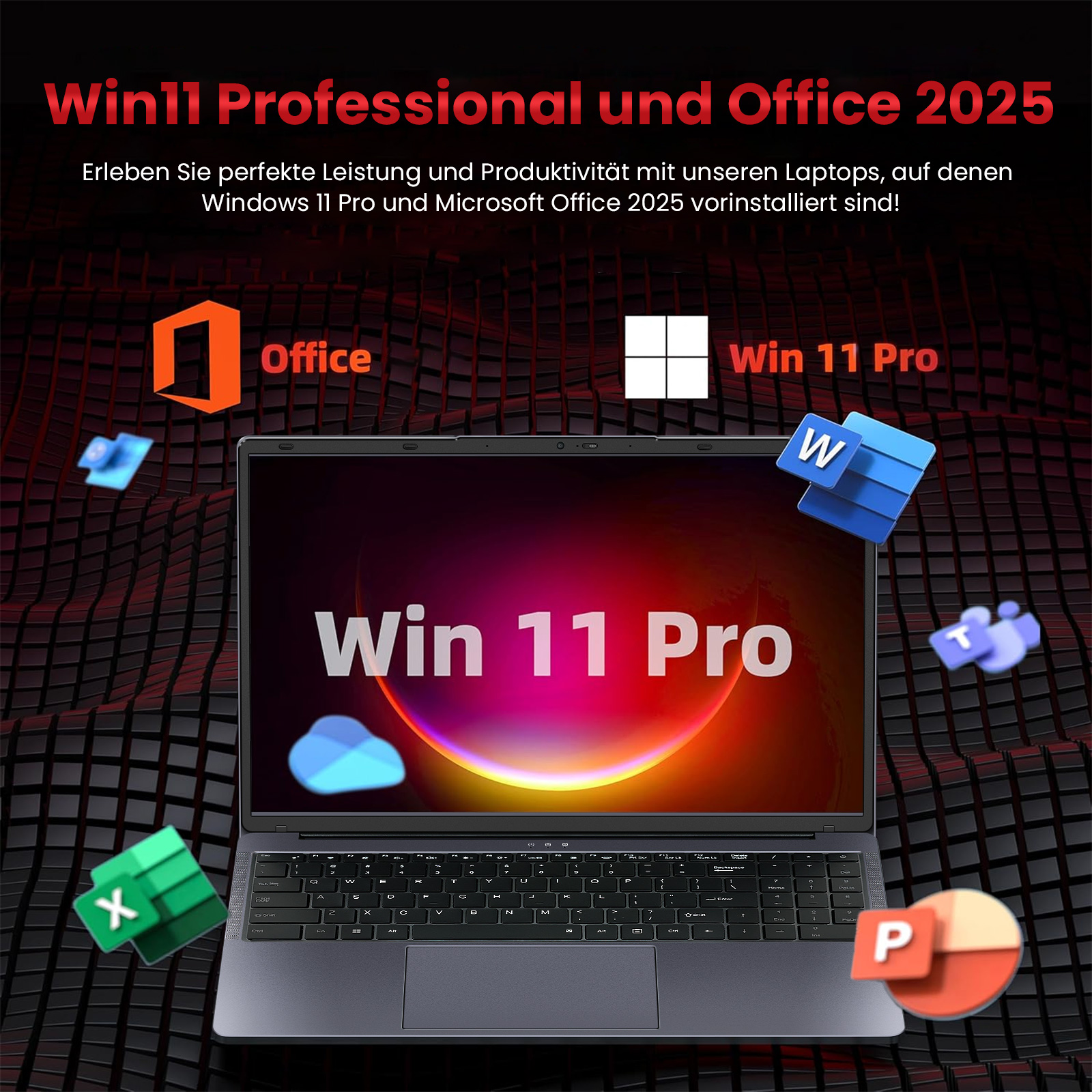 Laptop mit Windows 11 Pro und Office 2025 Icons. Text: Win11 Pro und Office 2025.