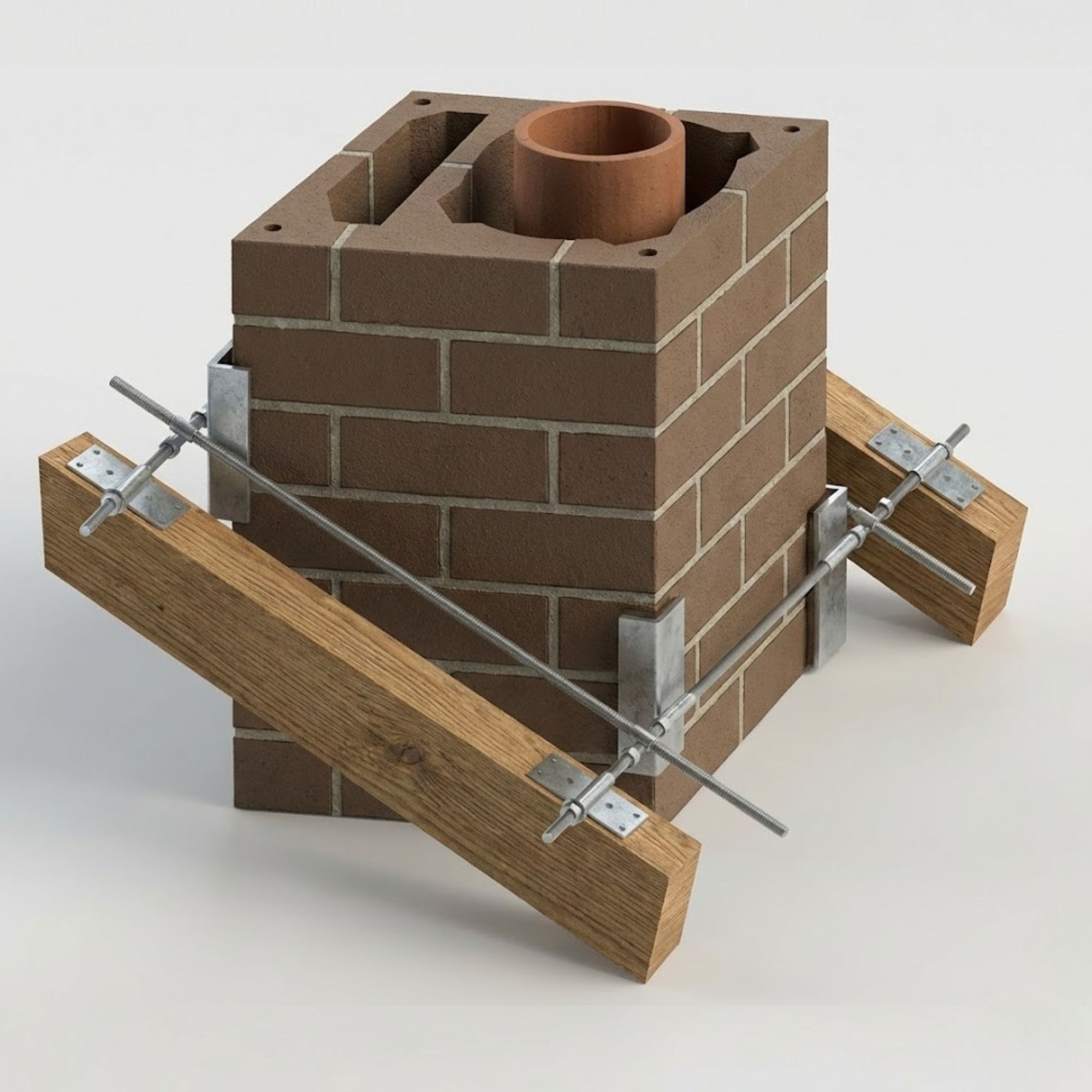 Ein Ziegelkaminrohr mit Holzstützen und Metallbeschlägen auf weißem Hintergrund.