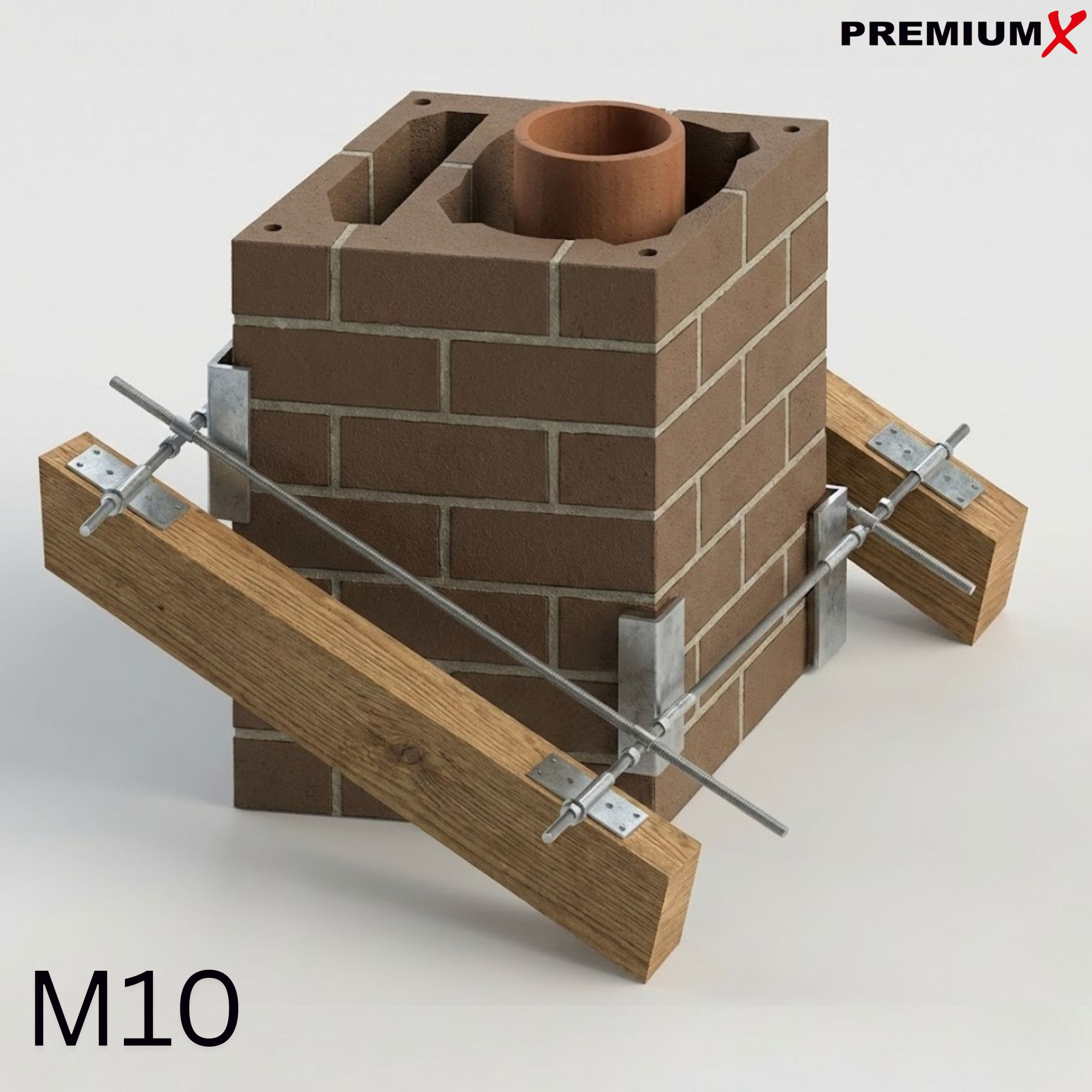 Brauner Ziegelkamin mit Holzbalken und Metallhalterungen, M10.