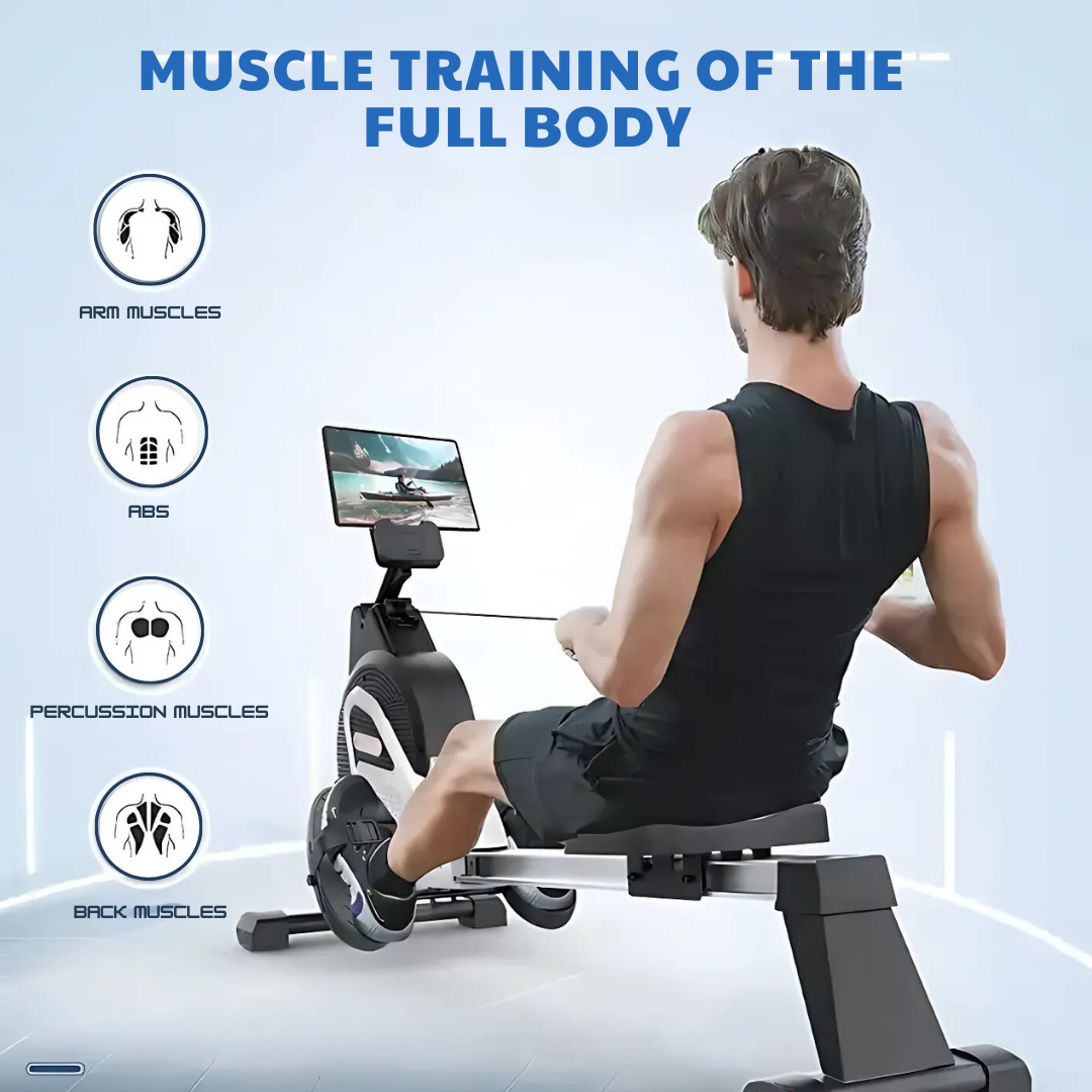A man rows on a home gym machine, showing full body muscle training.