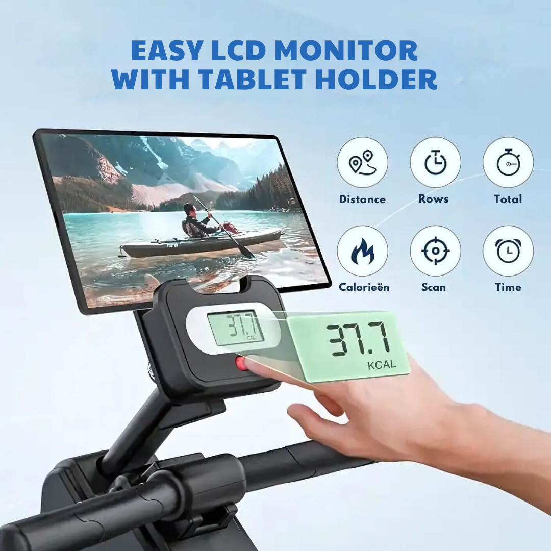 Exercise bike console with tablet holder, showing calories and time.