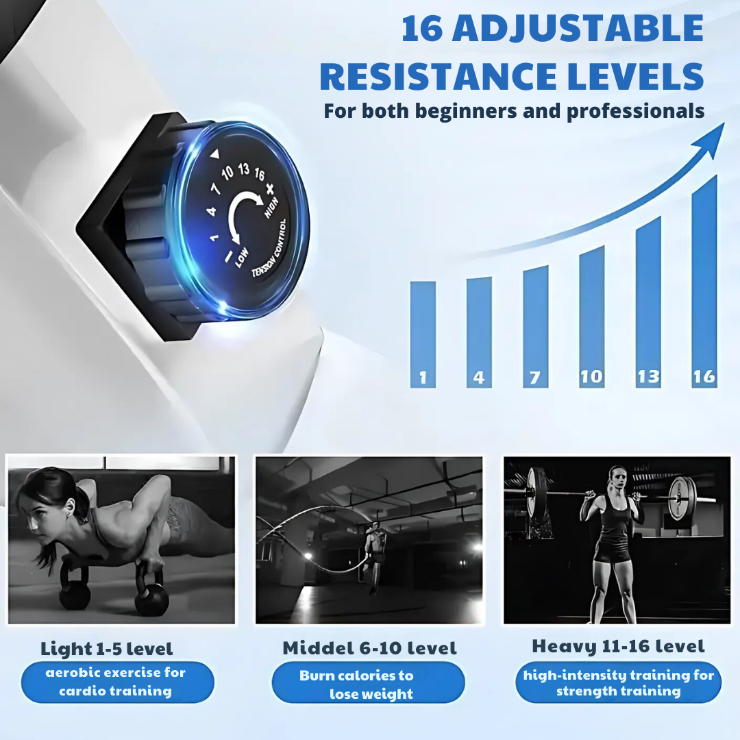 Adjustable resistance with 3 training levels and charts.