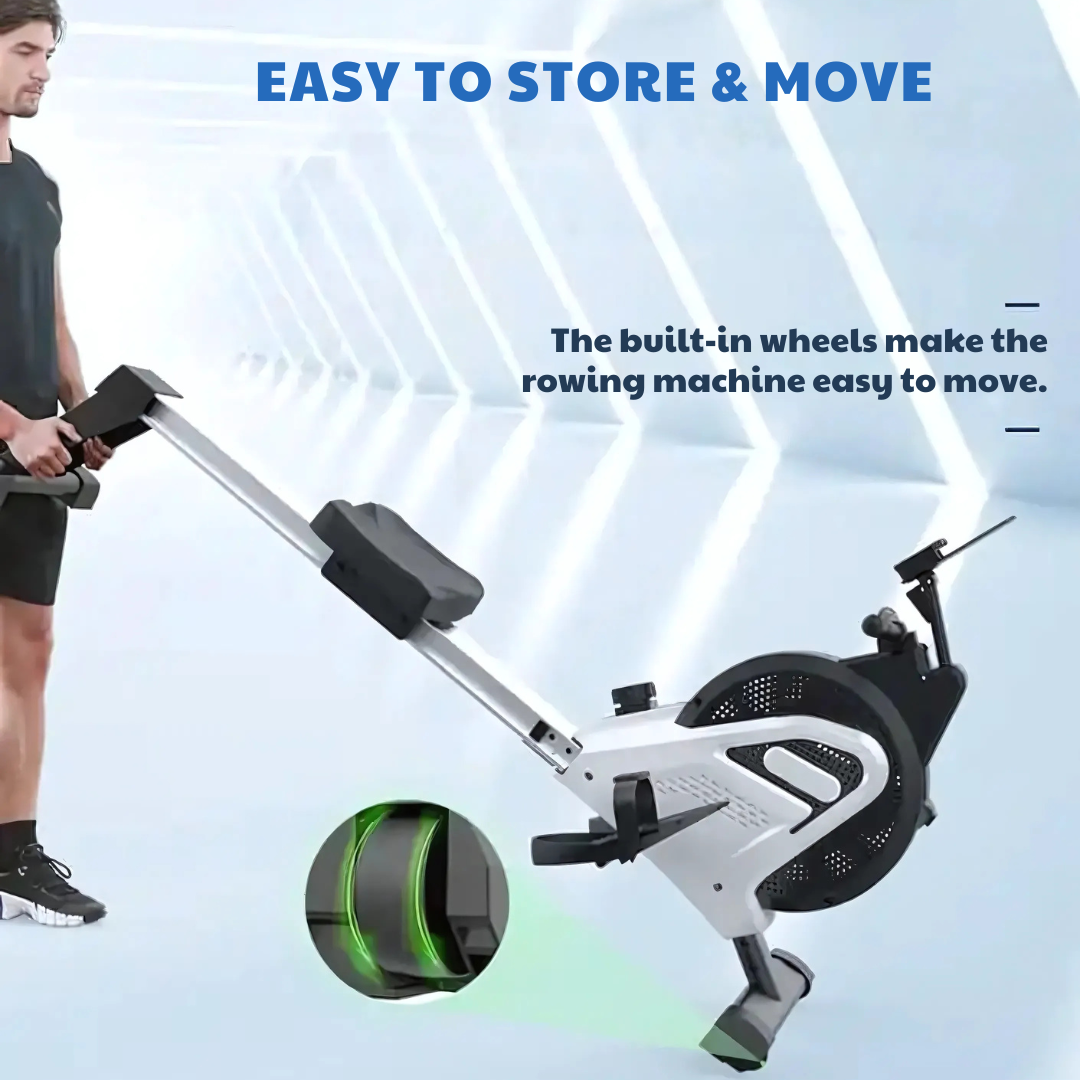 A man stands next to a rowing machine with built-in wheels.