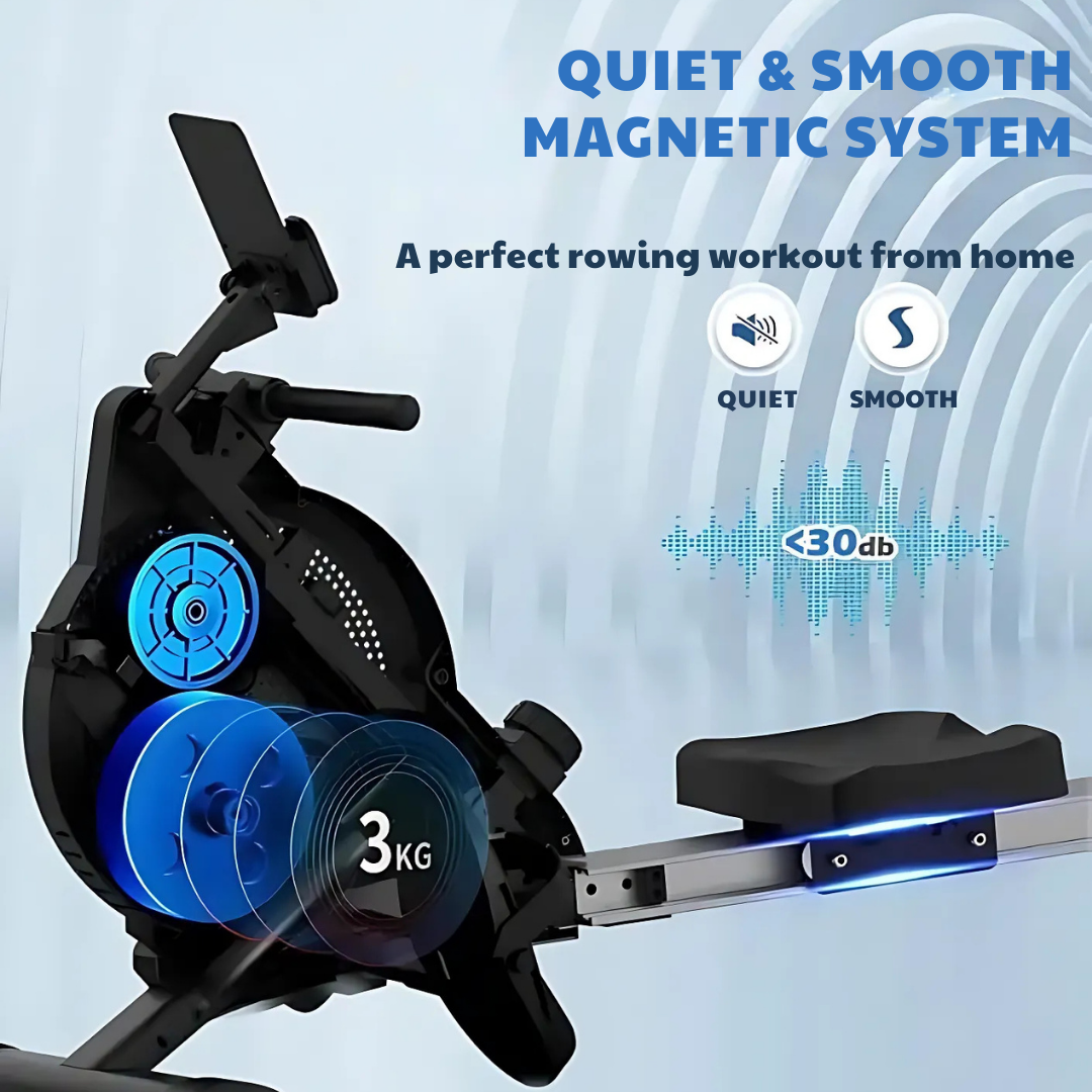 A black rowing machine with a 3kg flywheel, quiet & smooth, under 30db.