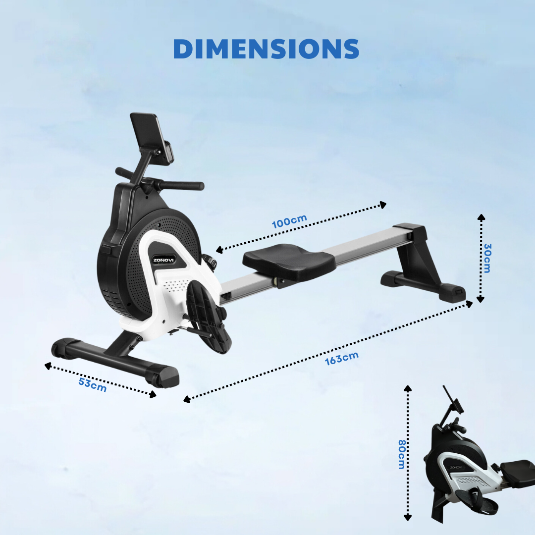 Rowing machine with dimensions: 163cm length, 53cm width, 100cm seat length, 30cm height.