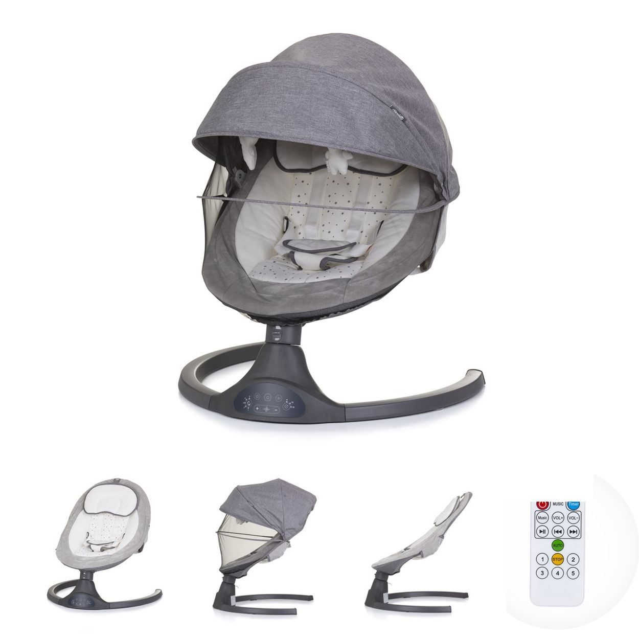 Grauer Babywippen mit Baldachin, verstellbarem Sitz und Fernbedienung.