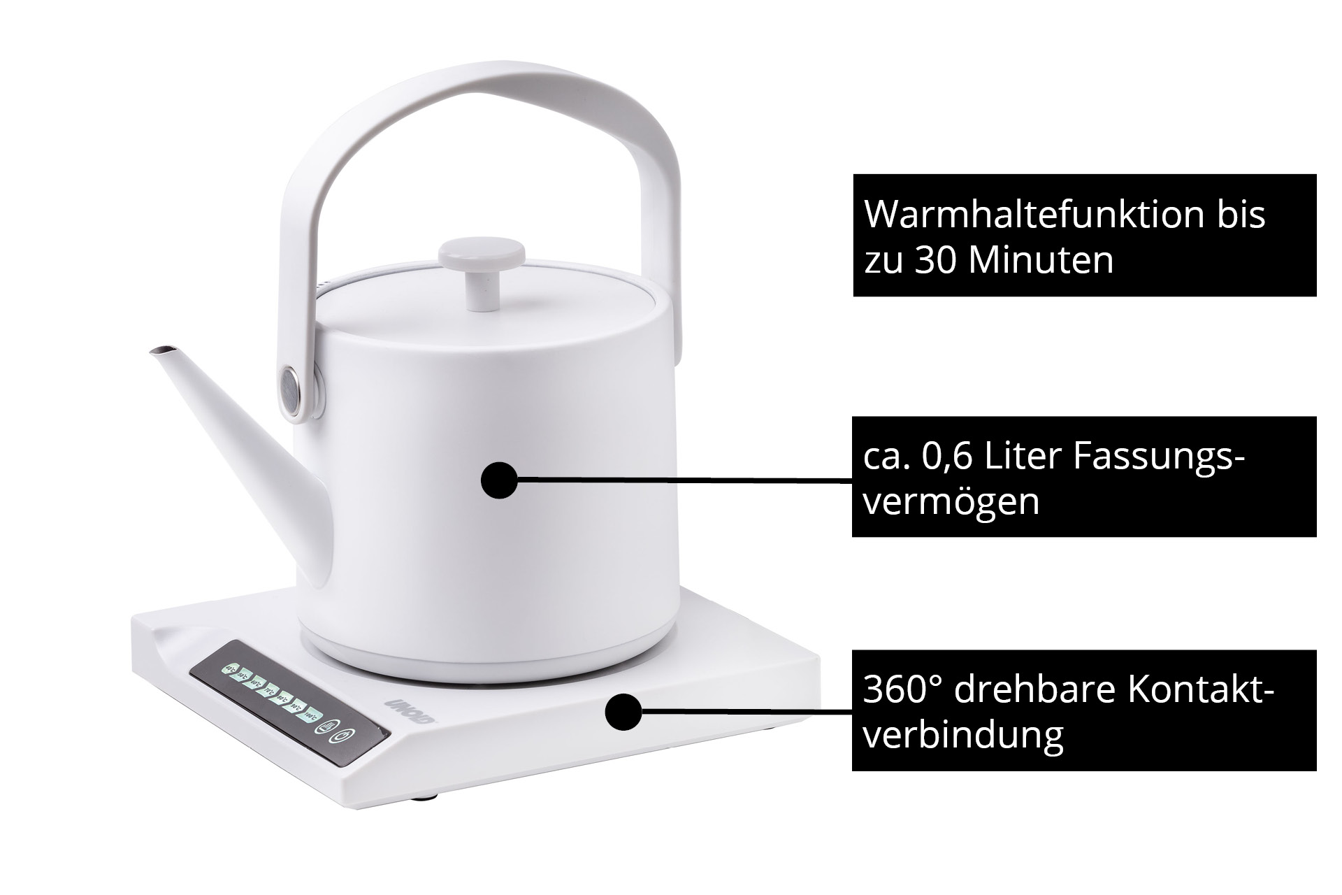 Weiße Teekanne auf weißer Basis mit Bedienfeld, 0,6 L, 30 Min Warmhaltefunktion.