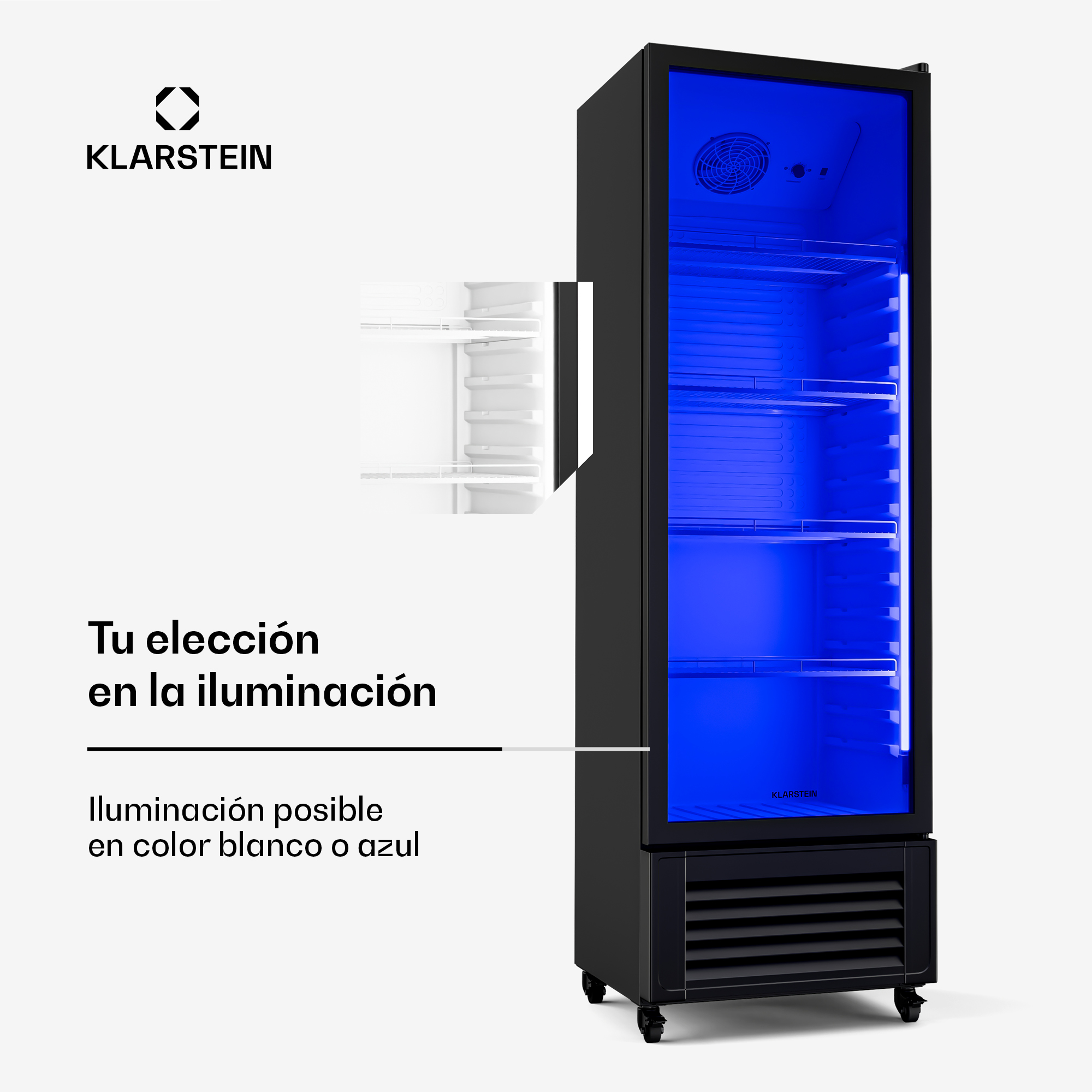 Ein schwarzer Kühlschrank mit Glastür und blauer Innenbeleuchtung.